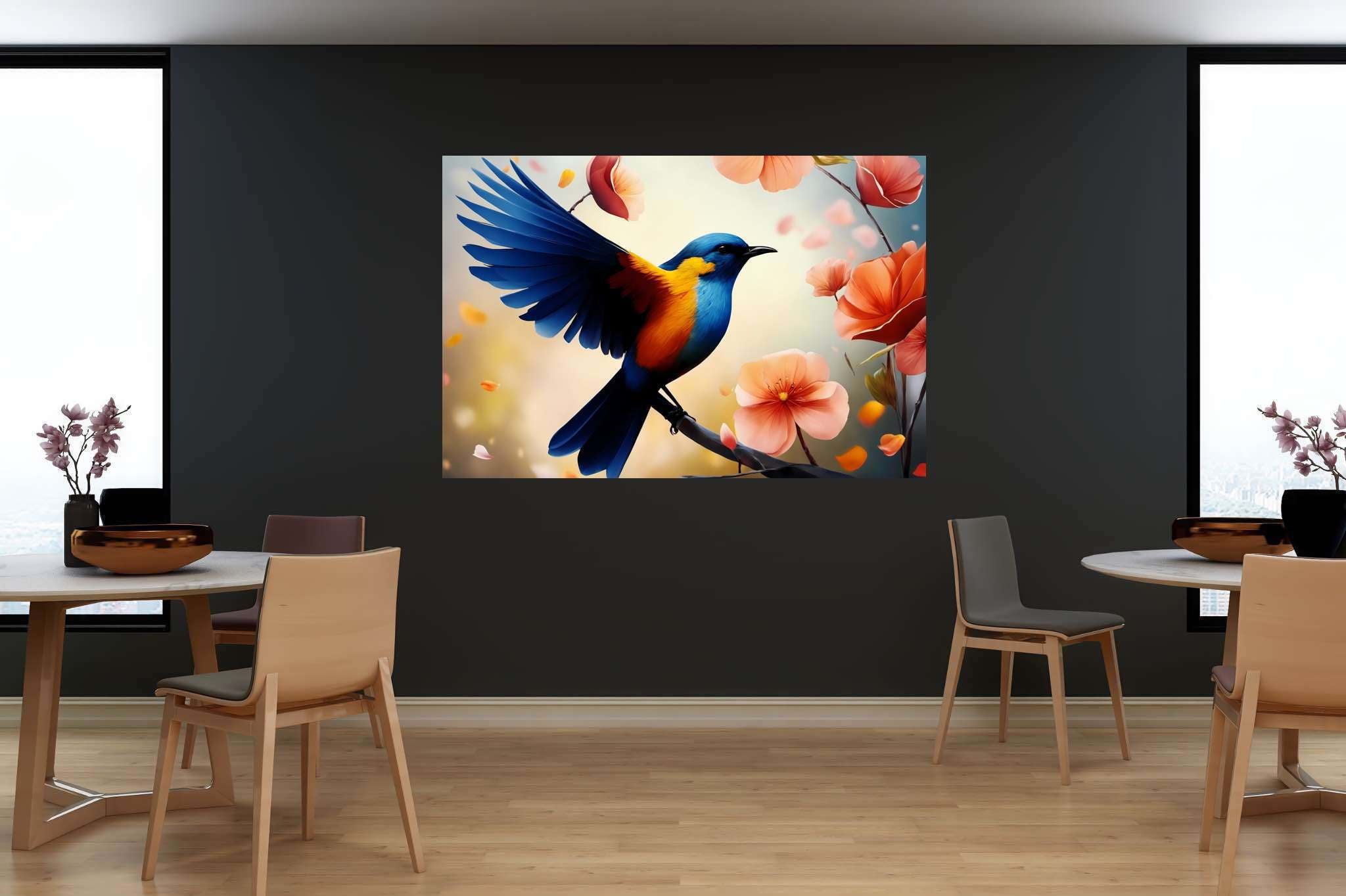 Chroma perch sonata: Bird art with bird sketches, in a room with elegant layout, canvas prints, and home styling items. The art can be printed on poster, framed poster, canvas, metal, acrylic or wood, exclusively at WallArtZen. Find this exact print at https://wallartzen.com/waz5