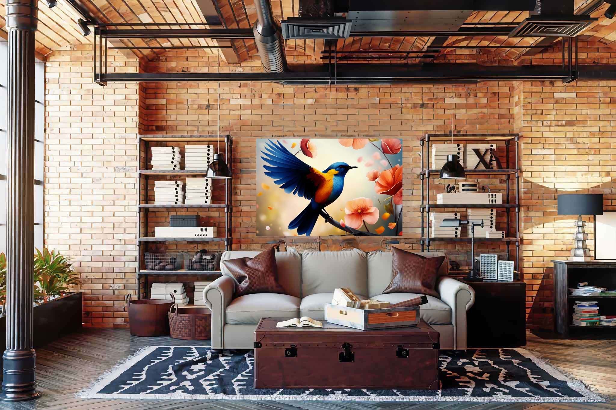 Chroma perch sonata: Bird art with bird art, in a room with urban design, mural artworks, and stylish accessories. The art can be printed on poster, framed poster, canvas, metal, acrylic or wood, exclusively at WallArtZen. Find this exact print at https://wallartzen.com/waz5
