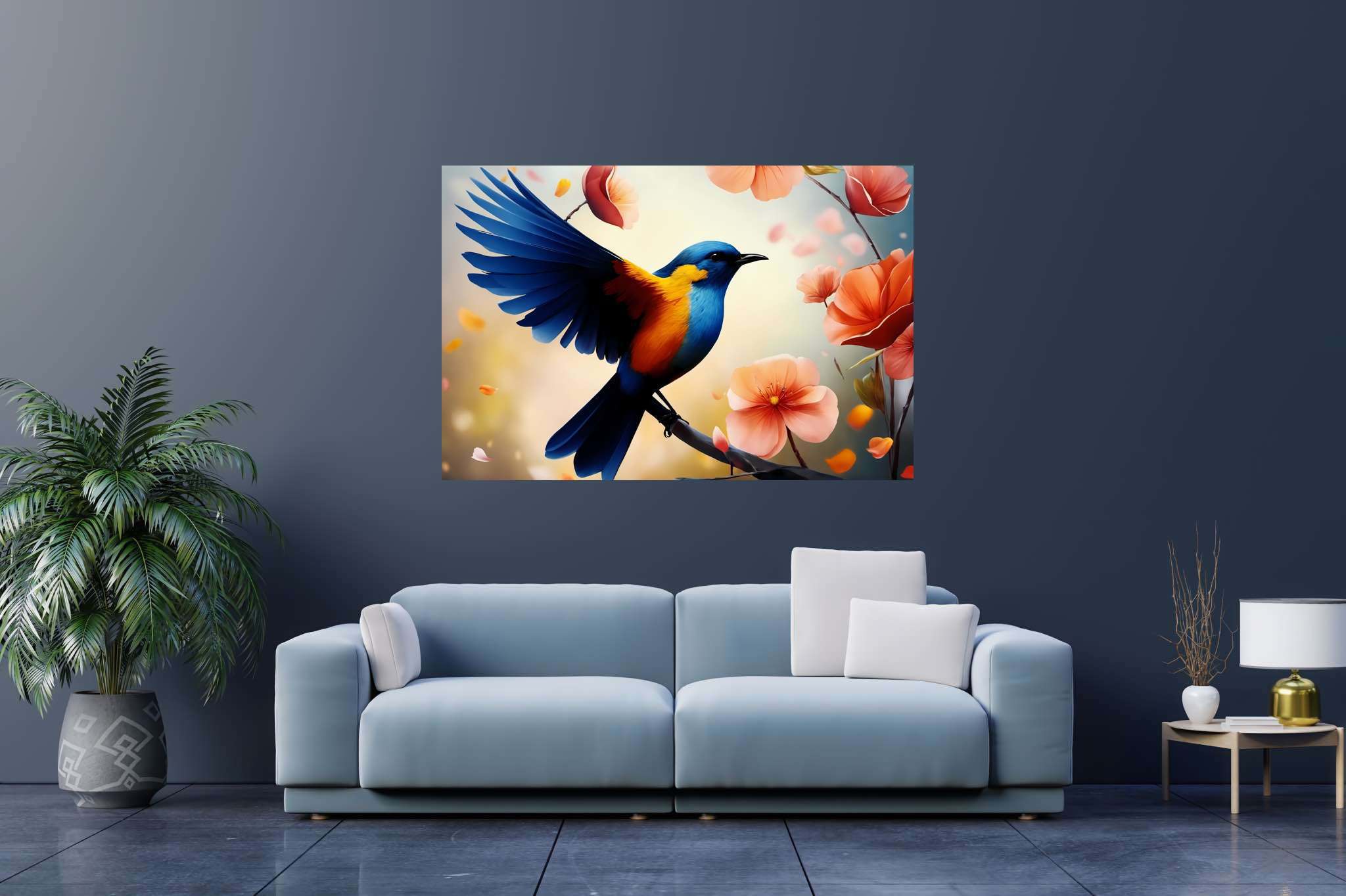 Chroma perch sonata: Bird art with bird-themed art, in a room with artistic style, photographic wall art, and home furnishings. The art can be printed on poster, framed poster, canvas, metal, acrylic or wood, exclusively at WallArtZen. Find this exact print at https://wallartzen.com/waz5
