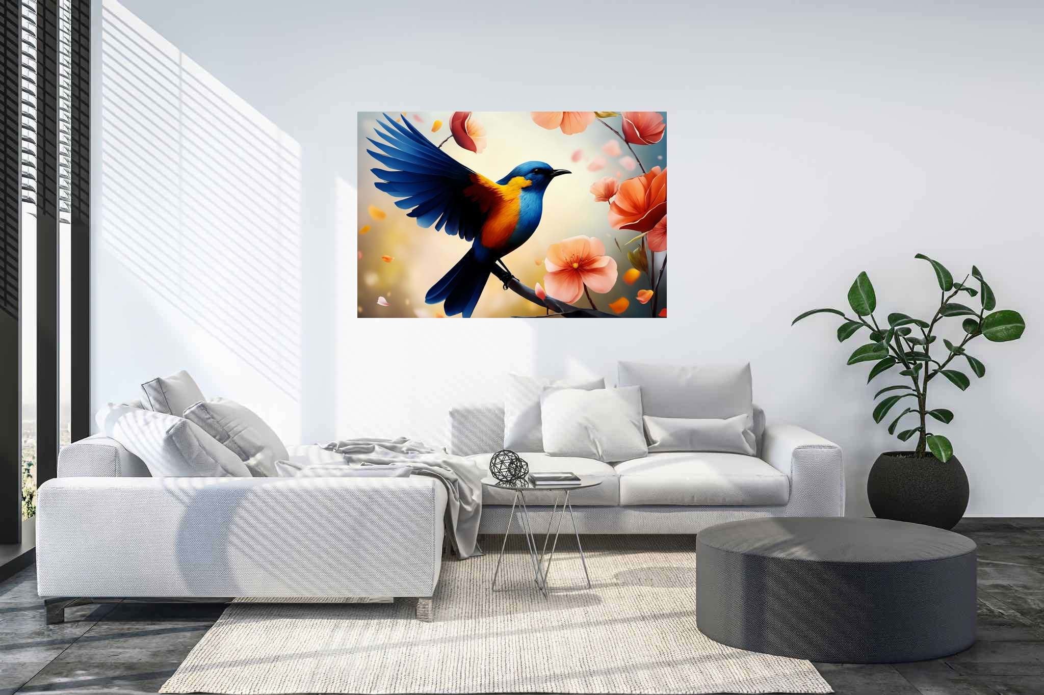 Chroma perch sonata: Bird art with bird art, in a room with classic elegance, bespoke art designs, and interior decorations. The art can be printed on poster, framed poster, canvas, metal, acrylic or wood, exclusively at WallArtZen. Find this exact print at https://wallartzen.com/waz5