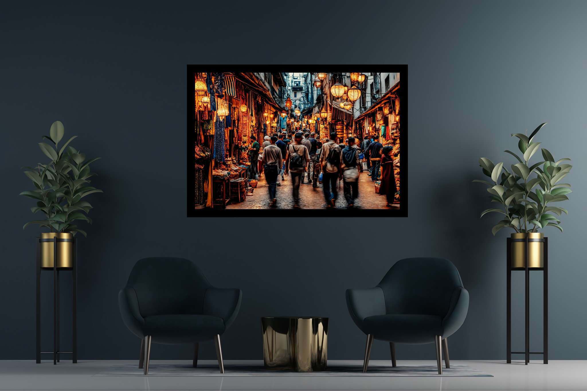 Urban tapestry of hues: Vibrant street art with lively street scenes, in a room with modern style, abstract paintings, and elegant home goods. The art can be printed on poster, framed poster, canvas, metal, acrylic or wood, exclusively at WallArtZen. Find this exact print at https://wallartzen.com/waz60