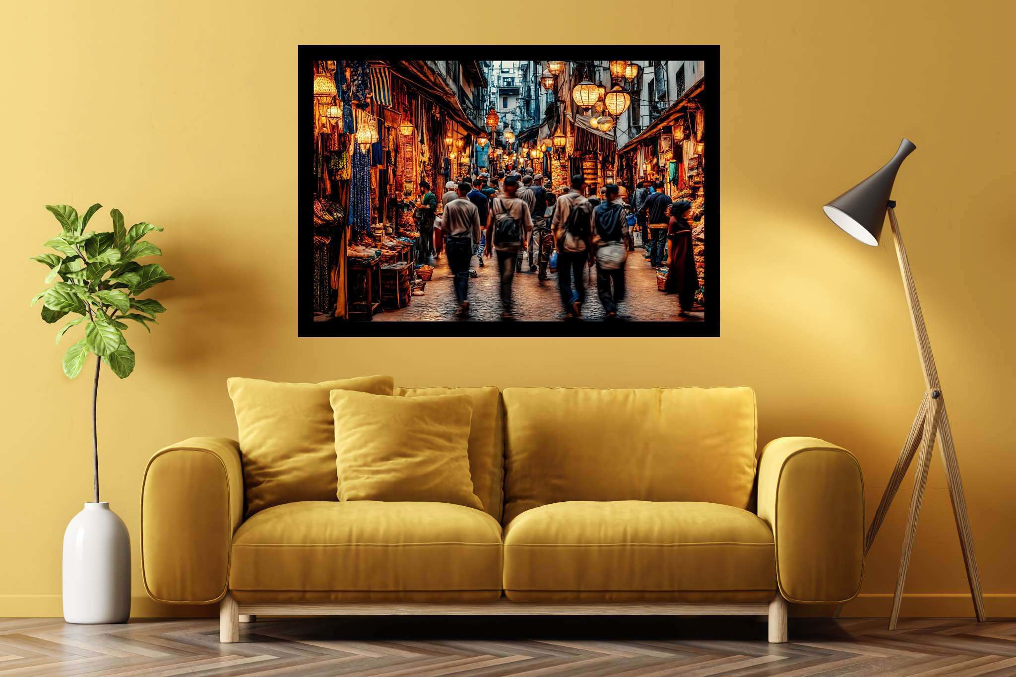 Urban tapestry of hues: Vibrant street art with expressive artwork, in a room with minimalist approach, gallery-quality artwork, and luxe decor. The art can be printed on poster, framed poster, canvas, metal, acrylic or wood, exclusively at WallArtZen. Find this exact print at https://wallartzen.com/waz60