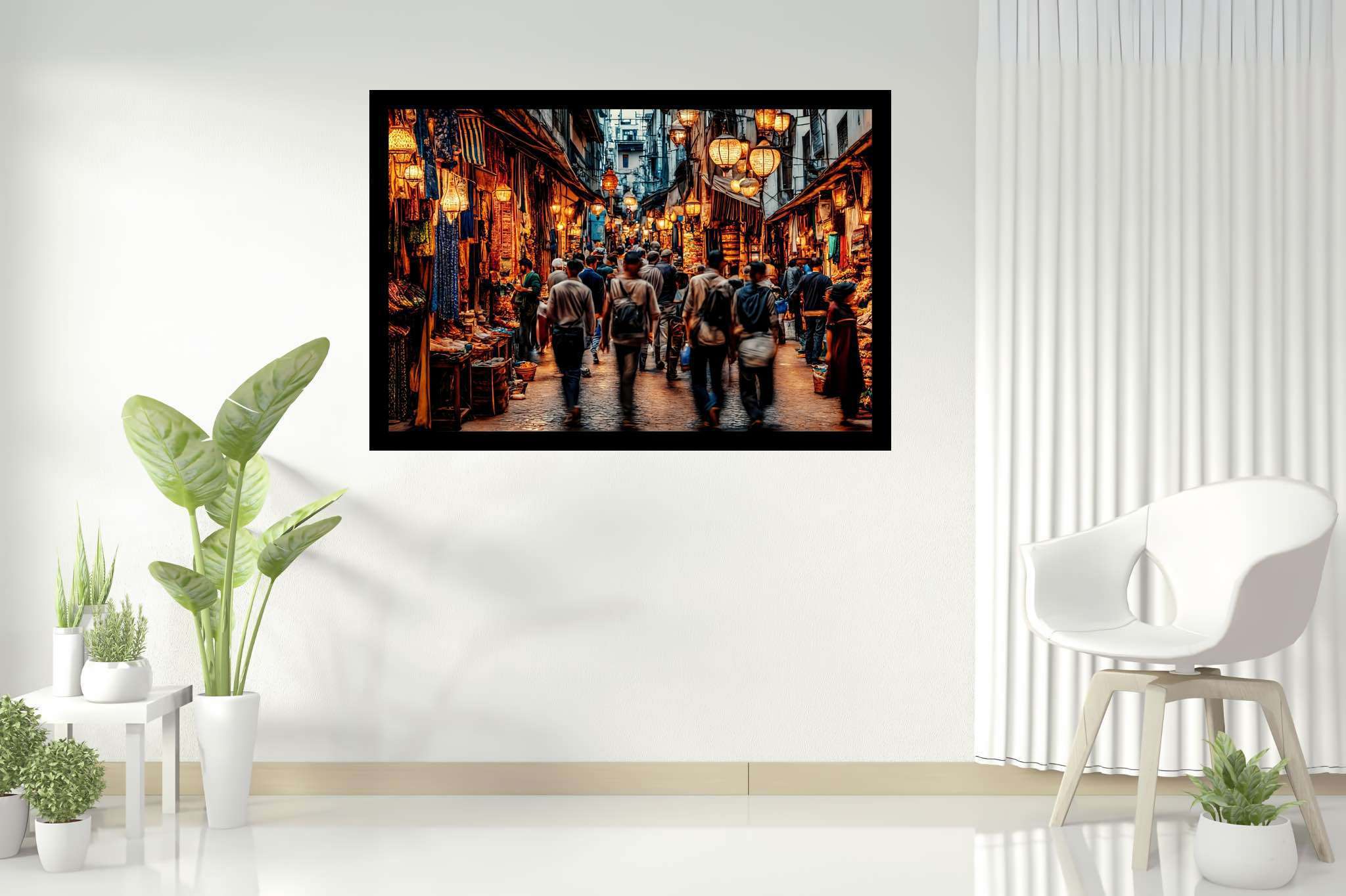 Urban tapestry of hues: Vibrant street art with dynamic street art, in a room with innovative layout, canvas prints, and trendy home accents. The art can be printed on poster, framed poster, canvas, metal, acrylic or wood, exclusively at WallArtZen. Find this exact print at https://wallartzen.com/waz60