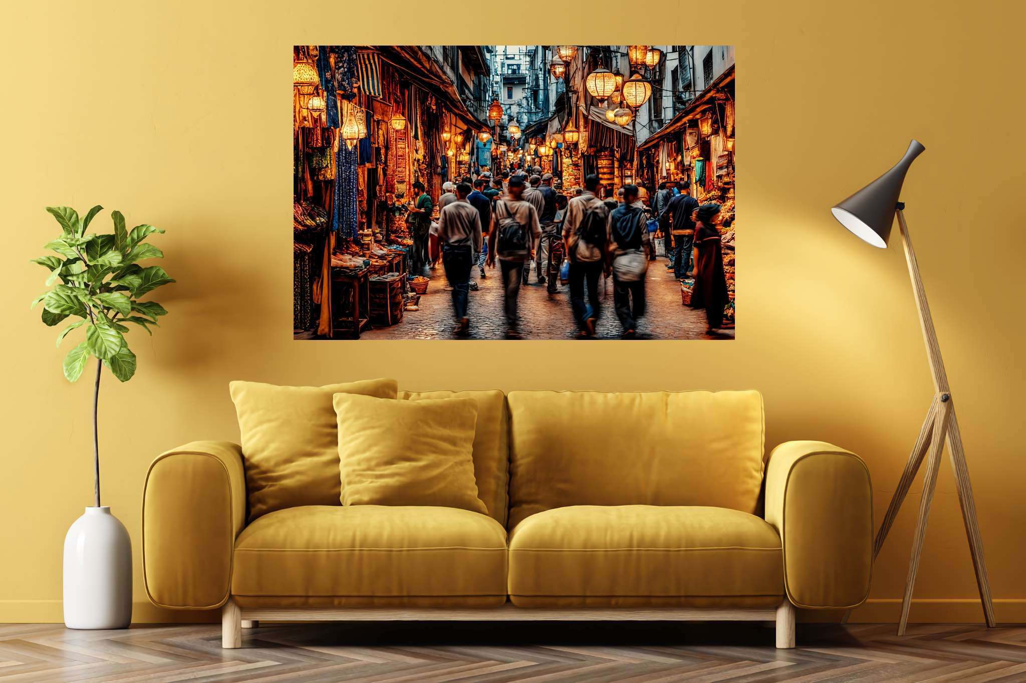 Urban tapestry of hues: Vibrant street art with vibrant public art, in a room with great design, bespoke art designs, and stylish accessories. The art can be printed on poster, framed poster, canvas, metal, acrylic or wood, exclusively at WallArtZen. Find this exact print at https://wallartzen.com/waz60