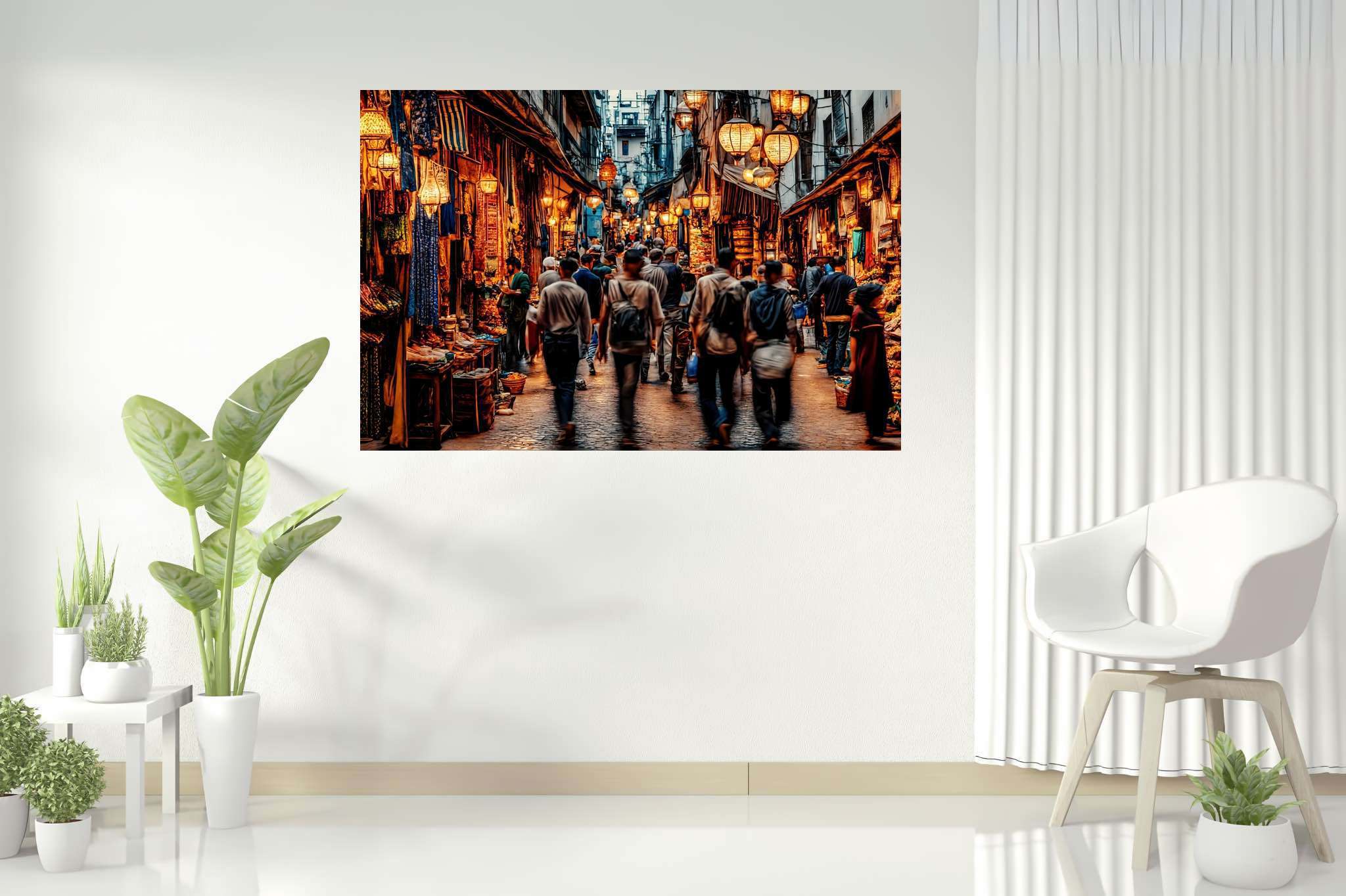 Urban tapestry of hues: Vibrant street art with vibrant cityscape, in a room with chic decor, bespoke art designs, and home furnishings. The art can be printed on poster, framed poster, canvas, metal, acrylic or wood, exclusively at WallArtZen. Find this exact print at https://wallartzen.com/waz60