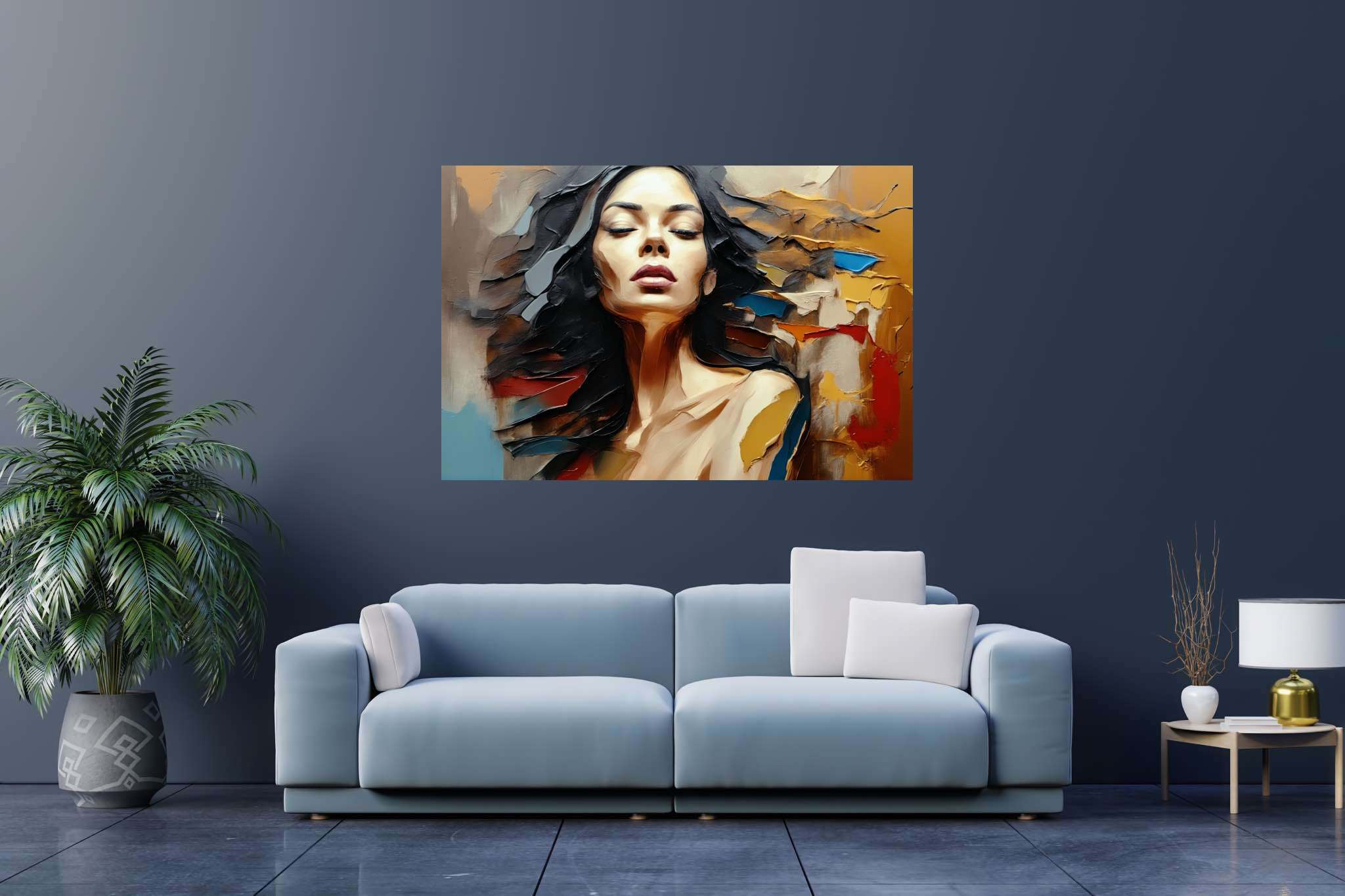 Silent musings of solitude: Contemplation art with mindful portraits, in a room with urban design, gallery-quality artwork, and luxe decor. The art can be printed on poster, framed poster, canvas, metal, acrylic or wood, exclusively at WallArtZen. Find this exact print at https://wallartzen.com/waz61