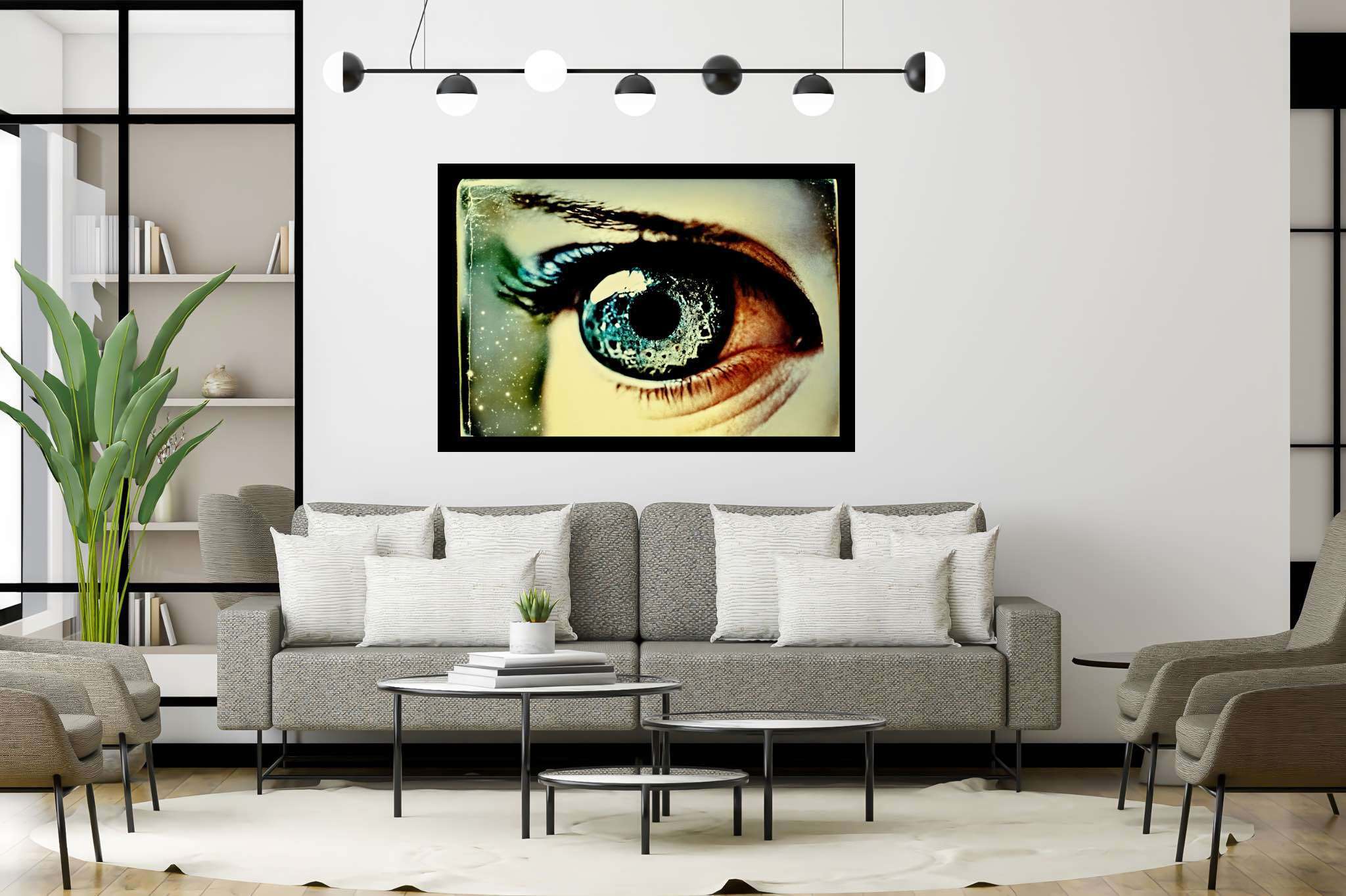 Stargazer's enigma: Galaxy eye art with galactic eye designs, in a room with minimalist approach, photographic wall art, and home styling items. The art can be printed on poster, framed poster, canvas, metal, acrylic or wood, exclusively at WallArtZen. Find this exact print at https://wallartzen.com/waz62