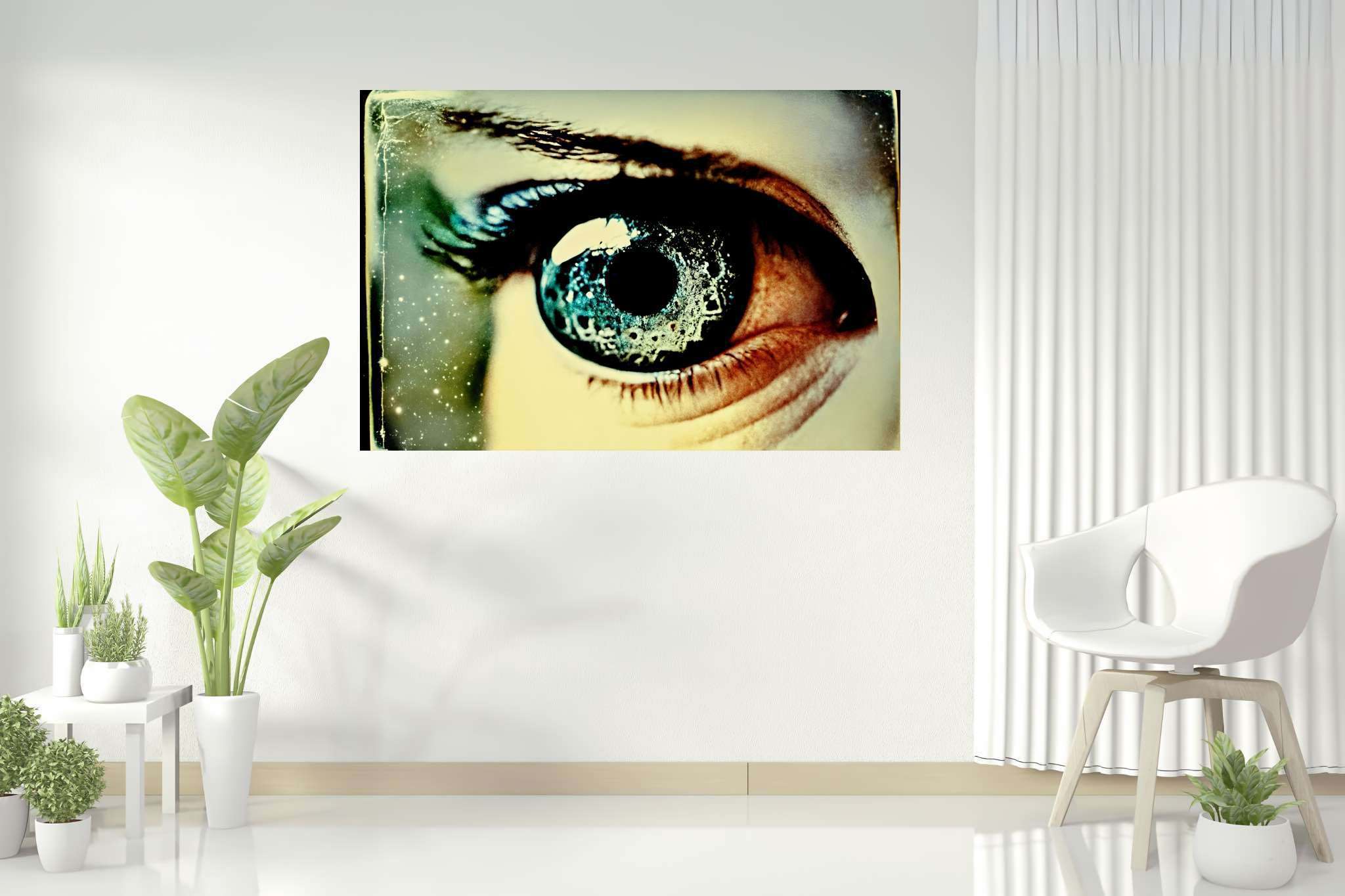Stargazer's enigma: Galaxy eye art with dreamlike eye creations, in a room with minimalist approach, abstract paintings, and decorative pieces. The art can be printed on poster, framed poster, canvas, metal, acrylic or wood, exclusively at WallArtZen. Find this exact print at https://wallartzen.com/waz62