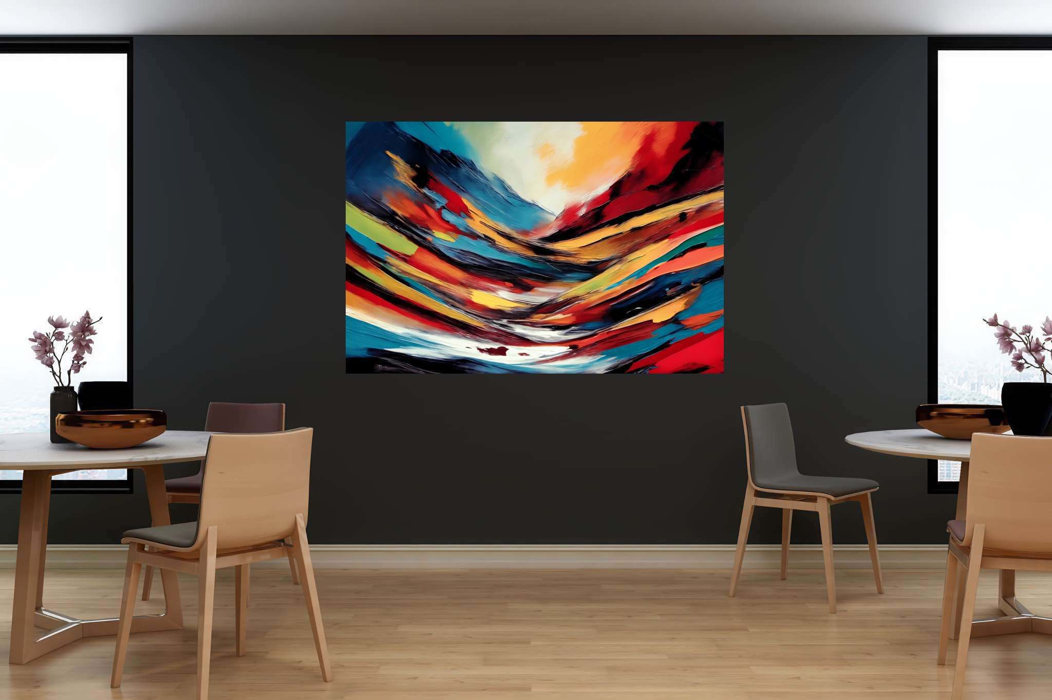 Chroma summit dreams: Vibrant art with dynamic illustrations, in a room with classic elegance, gallery-quality artwork, and home furnishings. The art can be printed on poster, framed poster, canvas, metal, acrylic or wood, exclusively at WallArtZen. Find this exact print at https://wallartzen.com/waz63