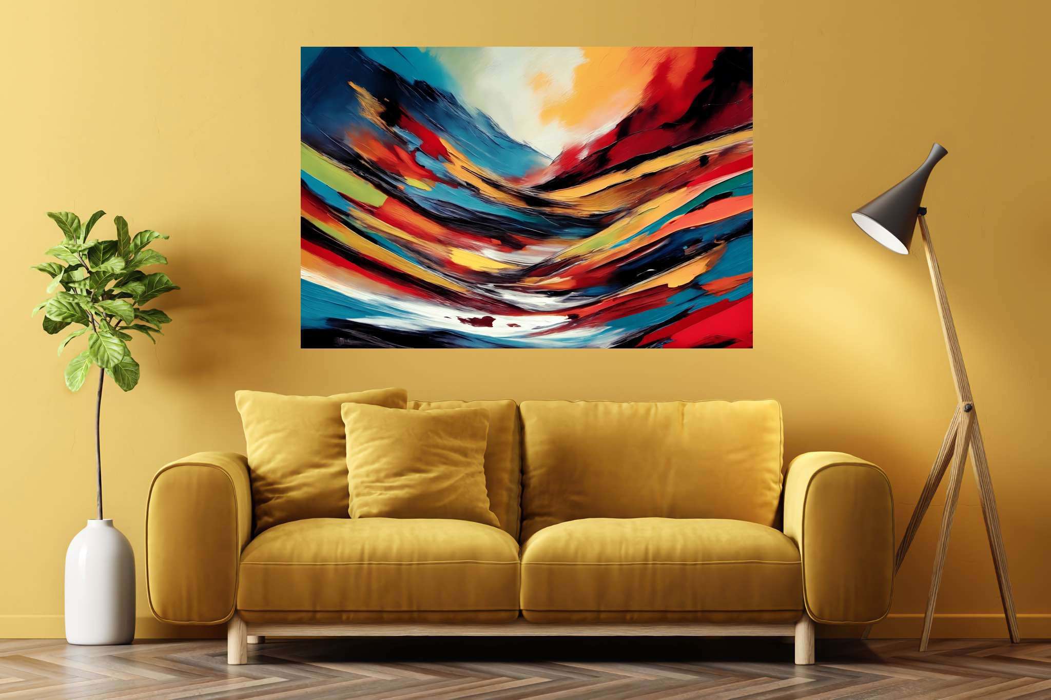 Chroma summit dreams: Vibrant art with explosive visuals, in a room with modern style, mural artworks, and elegant home goods. The art can be printed on poster, framed poster, canvas, metal, acrylic or wood, exclusively at WallArtZen. Find this exact print at https://wallartzen.com/waz63