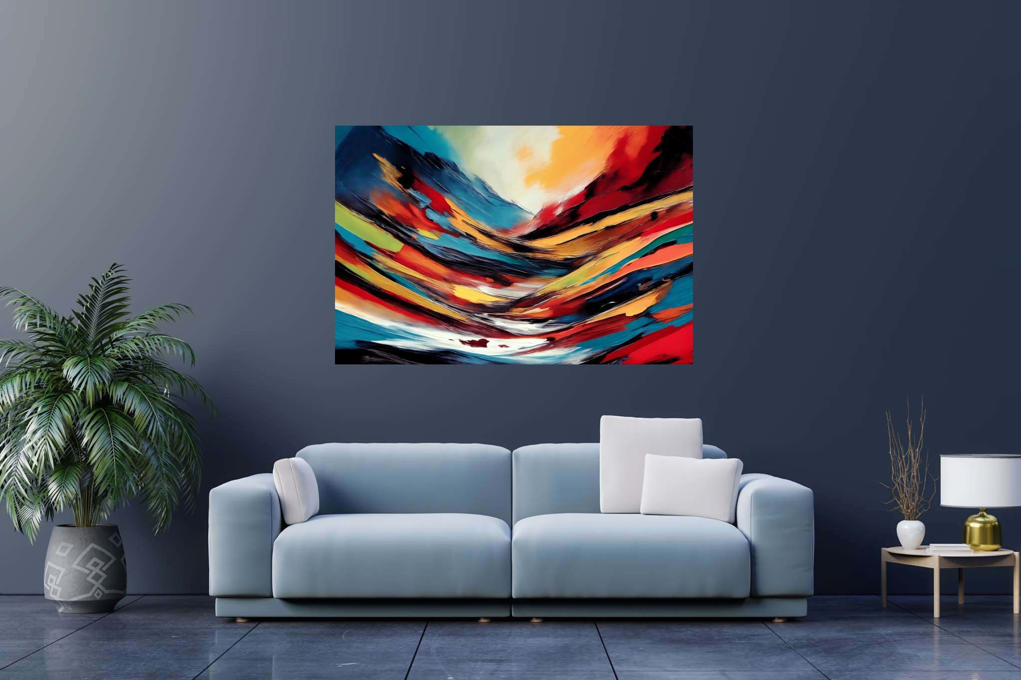Chroma summit dreams: Vibrant art with dynamic illustrations, in a room with elegant layout, framed art, and artisan decor. The art can be printed on poster, framed poster, canvas, metal, acrylic or wood, exclusively at WallArtZen. Find this exact print at https://wallartzen.com/waz63