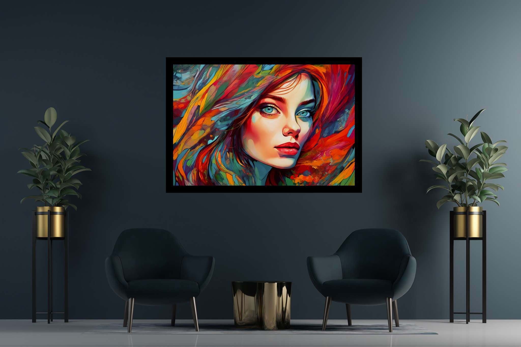 Crimson gaze visions: Surreal portrait art with ethereal art, in a room with minimalist approach, framed art, and home furnishings. The art can be printed on poster, framed poster, canvas, metal, acrylic or wood, exclusively at WallArtZen. Find this exact print at https://wallartzen.com/waz64