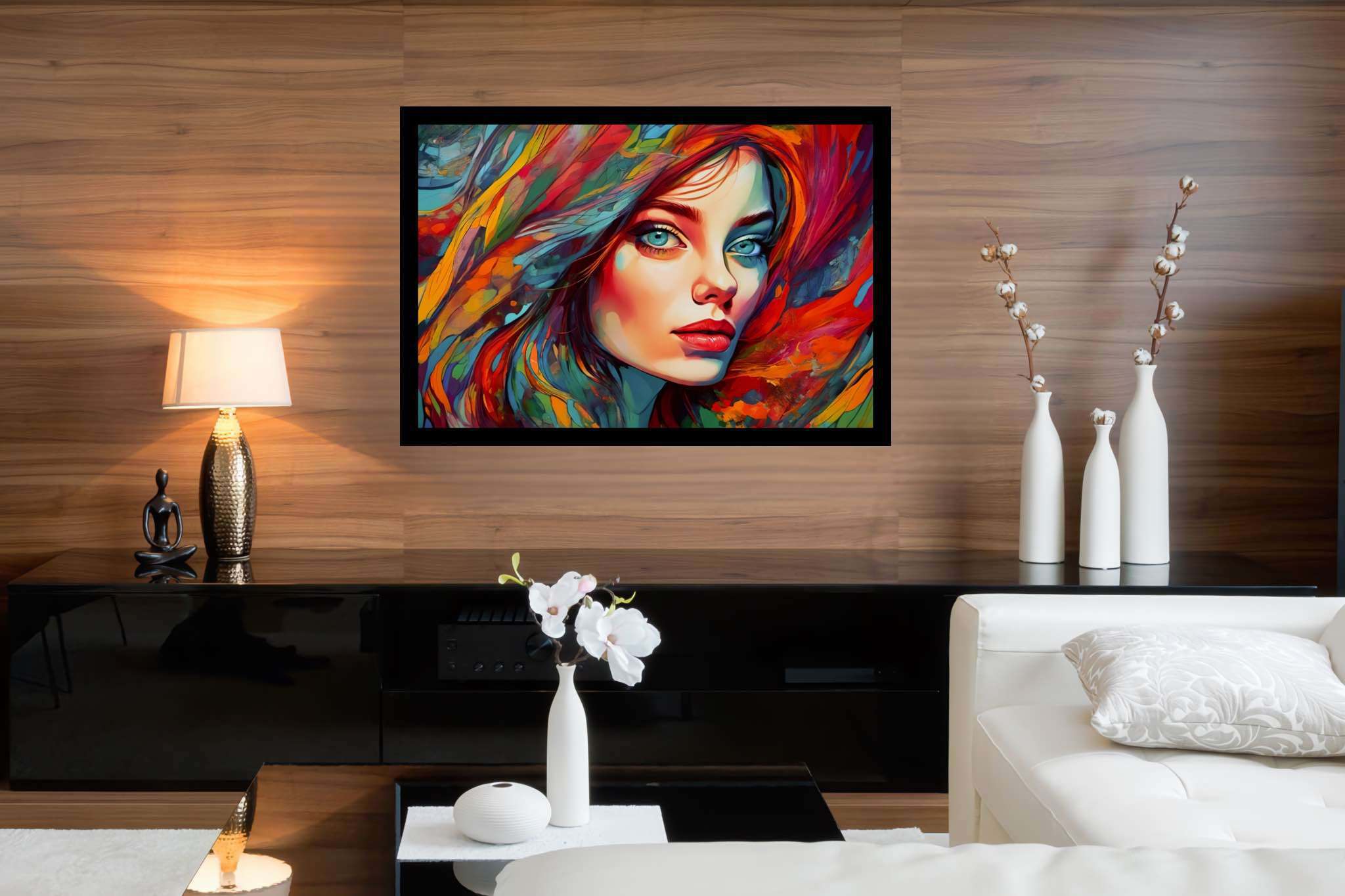 Crimson gaze visions: Surreal portrait art with surreal portrait art, in a room with chic decor, wall art, and home furnishings. The art can be printed on poster, framed poster, canvas, metal, acrylic or wood, exclusively at WallArtZen. Find this exact print at https://wallartzen.com/waz64