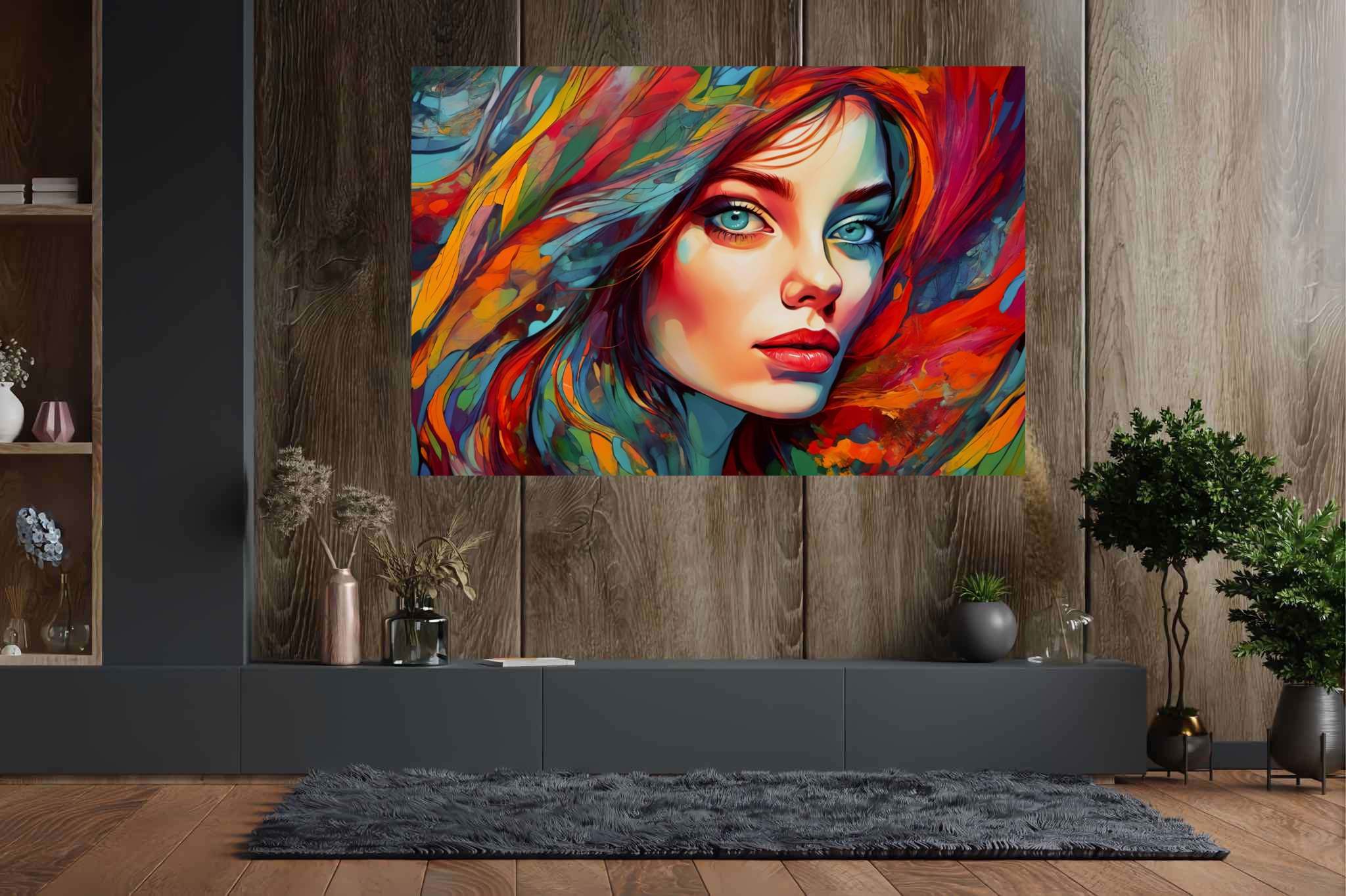 Crimson gaze visions: Surreal portrait art with uncanny artwork, in a room with classic elegance, gallery-quality artwork, and decorative pieces. The art can be printed on poster, framed poster, canvas, metal, acrylic or wood, exclusively at WallArtZen. Find this exact print at https://wallartzen.com/waz64