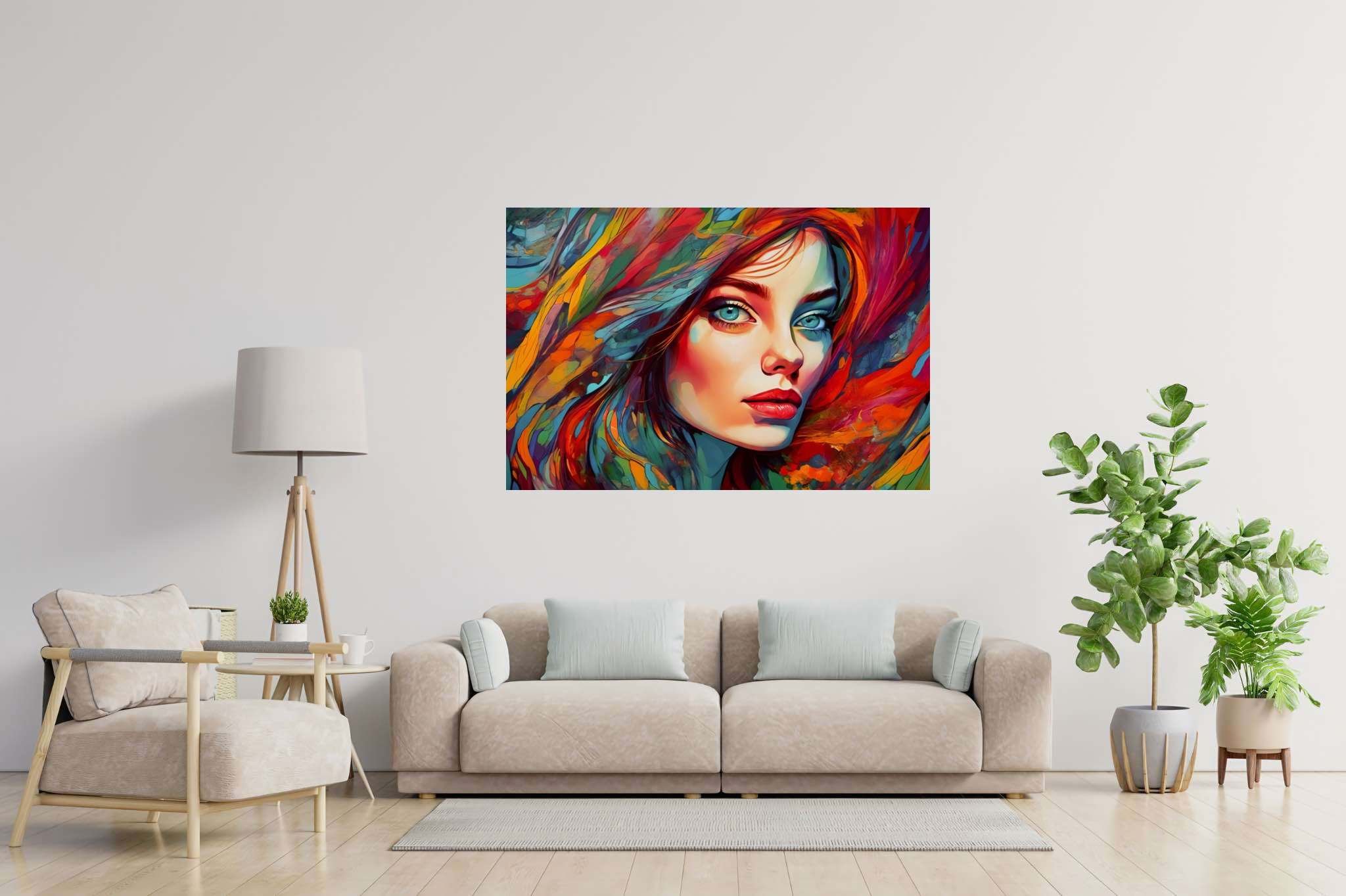 Crimson gaze visions: Surreal portrait art with dreamlike portraits, in a room with urban design, wall hangings, and decorative pieces. The art can be printed on poster, framed poster, canvas, metal, acrylic or wood, exclusively at WallArtZen. Find this exact print at https://wallartzen.com/waz64