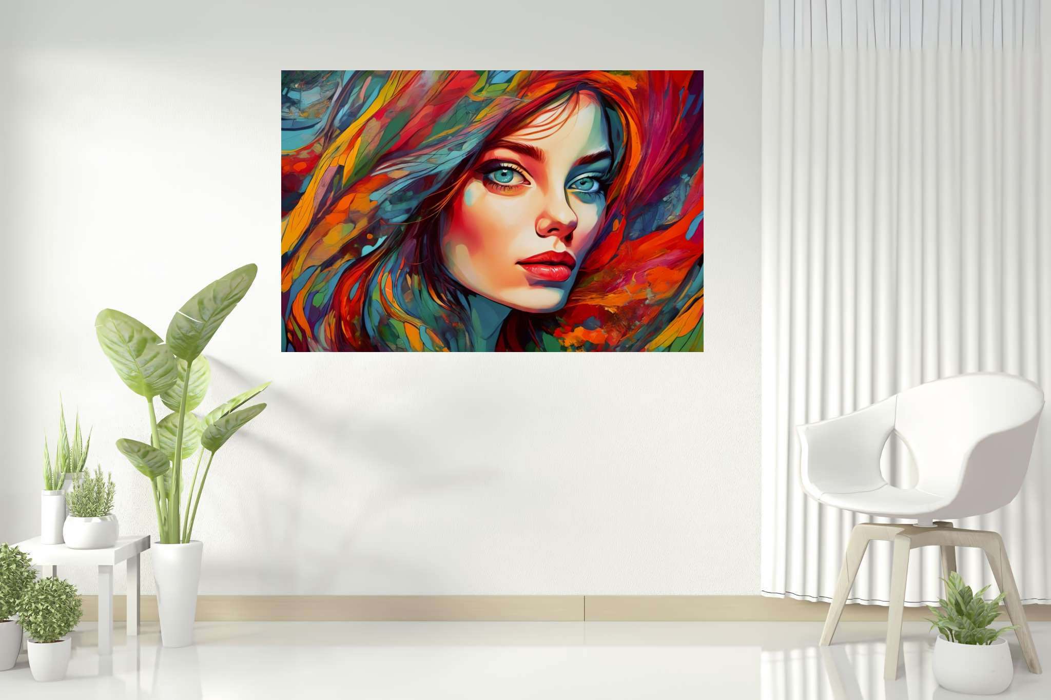Crimson gaze visions: Surreal portrait art with imaginative faces, in a room with great design, canvas prints, and decorative pieces. The art can be printed on poster, framed poster, canvas, metal, acrylic or wood, exclusively at WallArtZen. Find this exact print at https://wallartzen.com/waz64