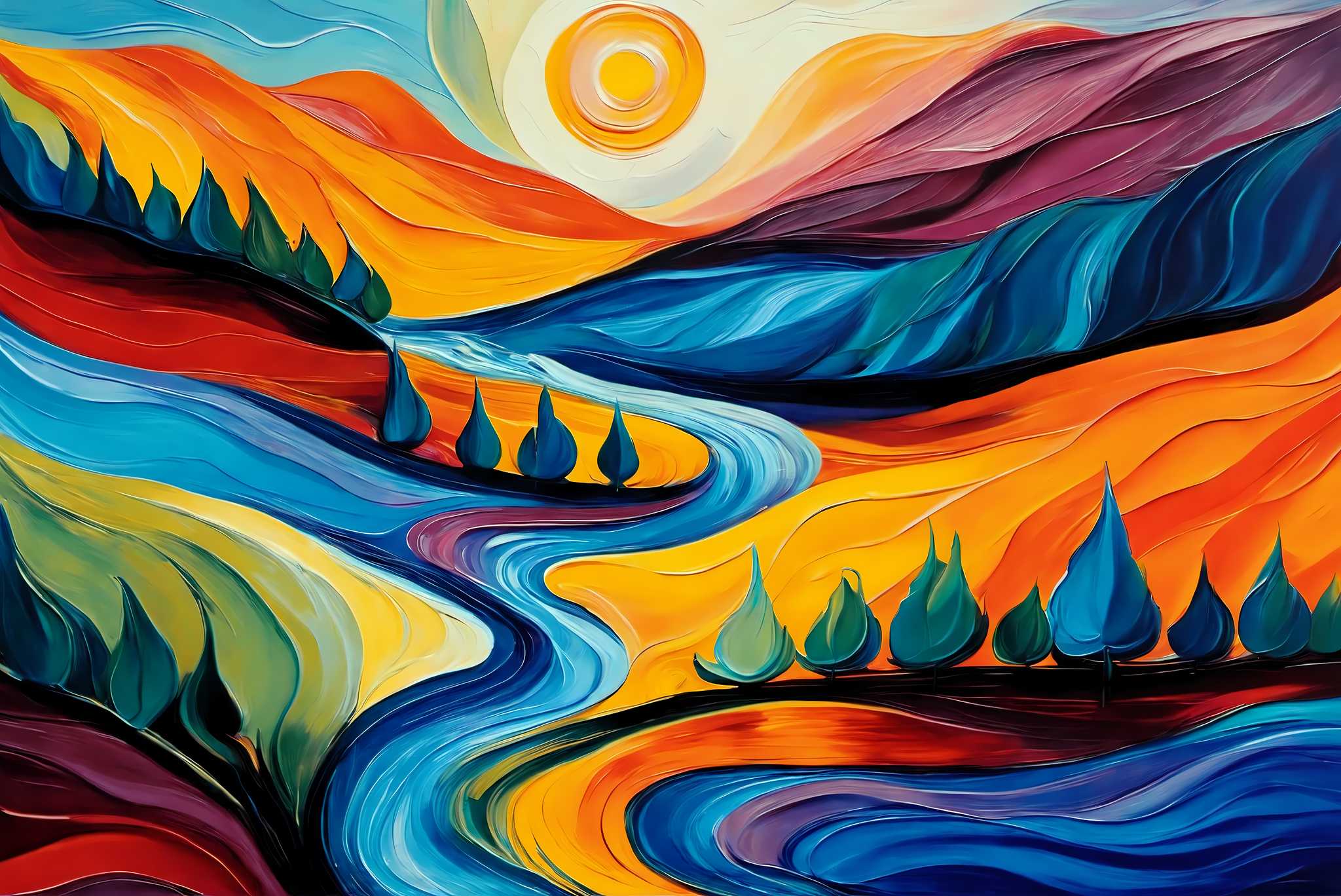 Azure valley hush: Serene landscape art with tranquil art, in a room with minimalist approach, mural artworks, and luxe decor. The art can be printed on poster, framed poster, canvas, metal, acrylic or wood, exclusively at WallArtZen. Find this exact print at https://wallartzen.com/waz67