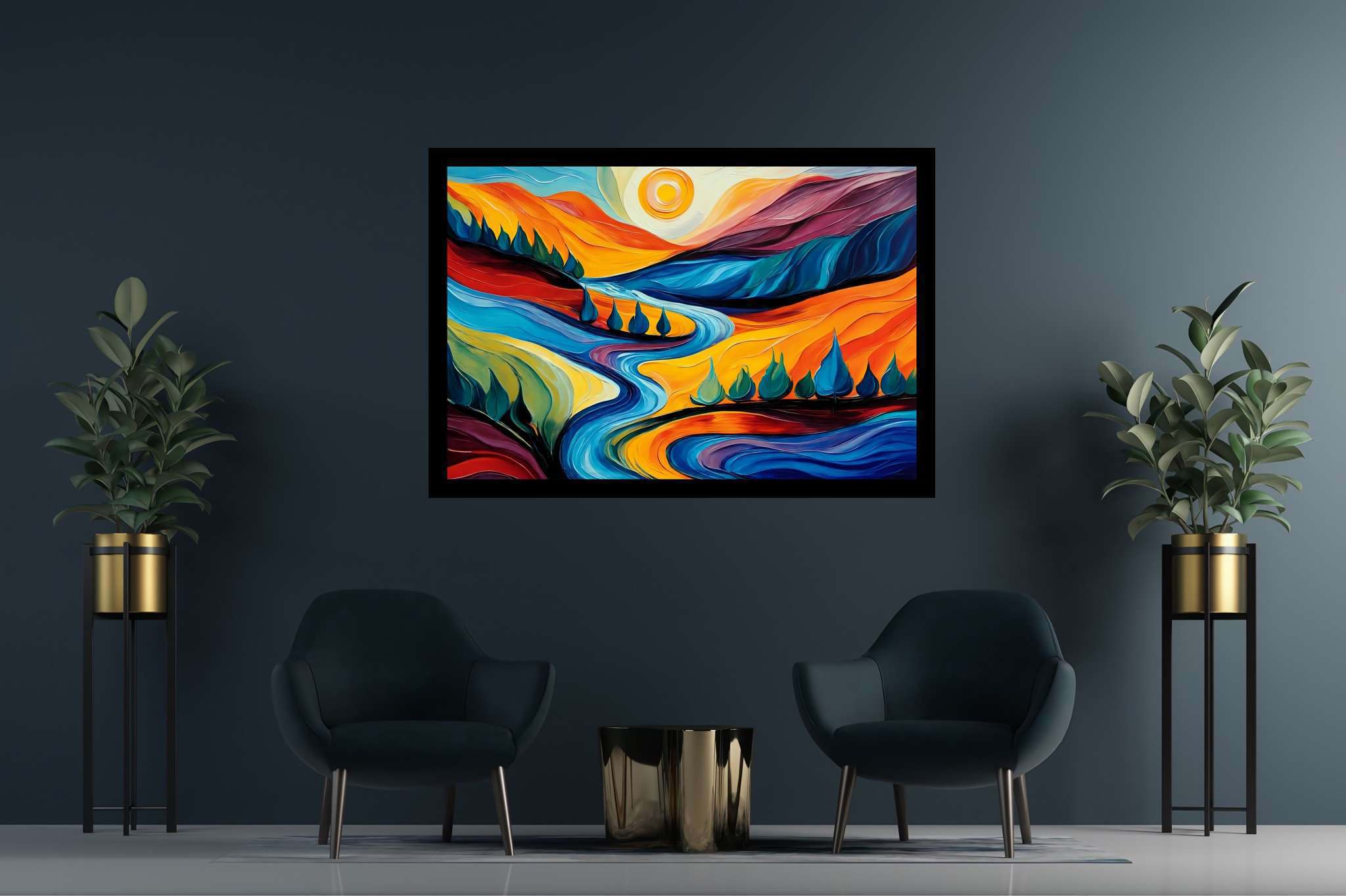 Azure valley hush: Serene landscape art with serene artwork, in a room with modern style, gallery-quality artwork, and designer furniture. The art can be printed on poster, framed poster, canvas, metal, acrylic or wood, exclusively at WallArtZen. Find this exact print at https://wallartzen.com/waz67
