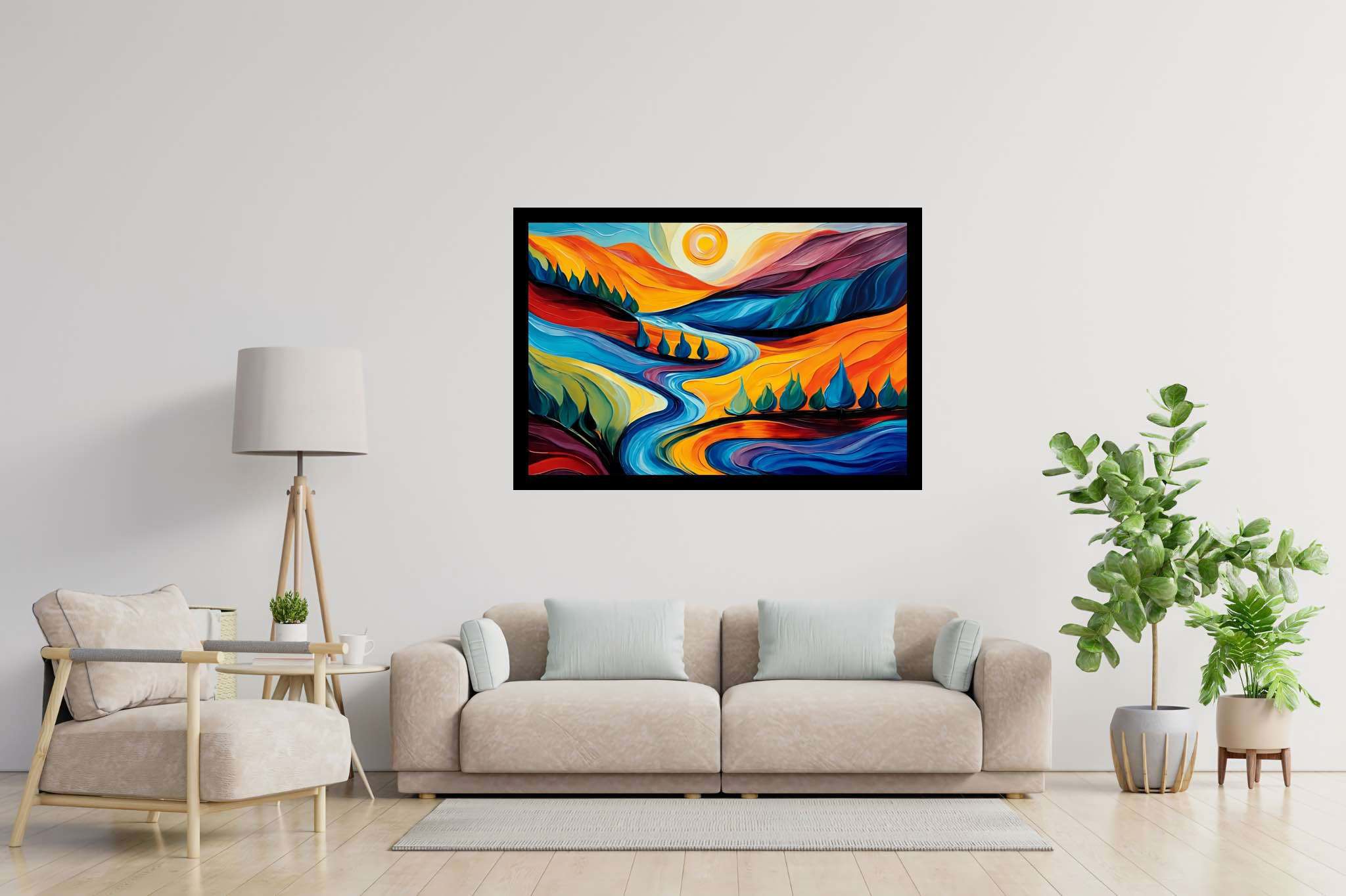 Azure valley hush: Serene landscape art with tranquil scenic views, in a room with modern style, photographic wall art, and artisan decor. The art can be printed on poster, framed poster, canvas, metal, acrylic or wood, exclusively at WallArtZen. Find this exact print at https://wallartzen.com/waz67