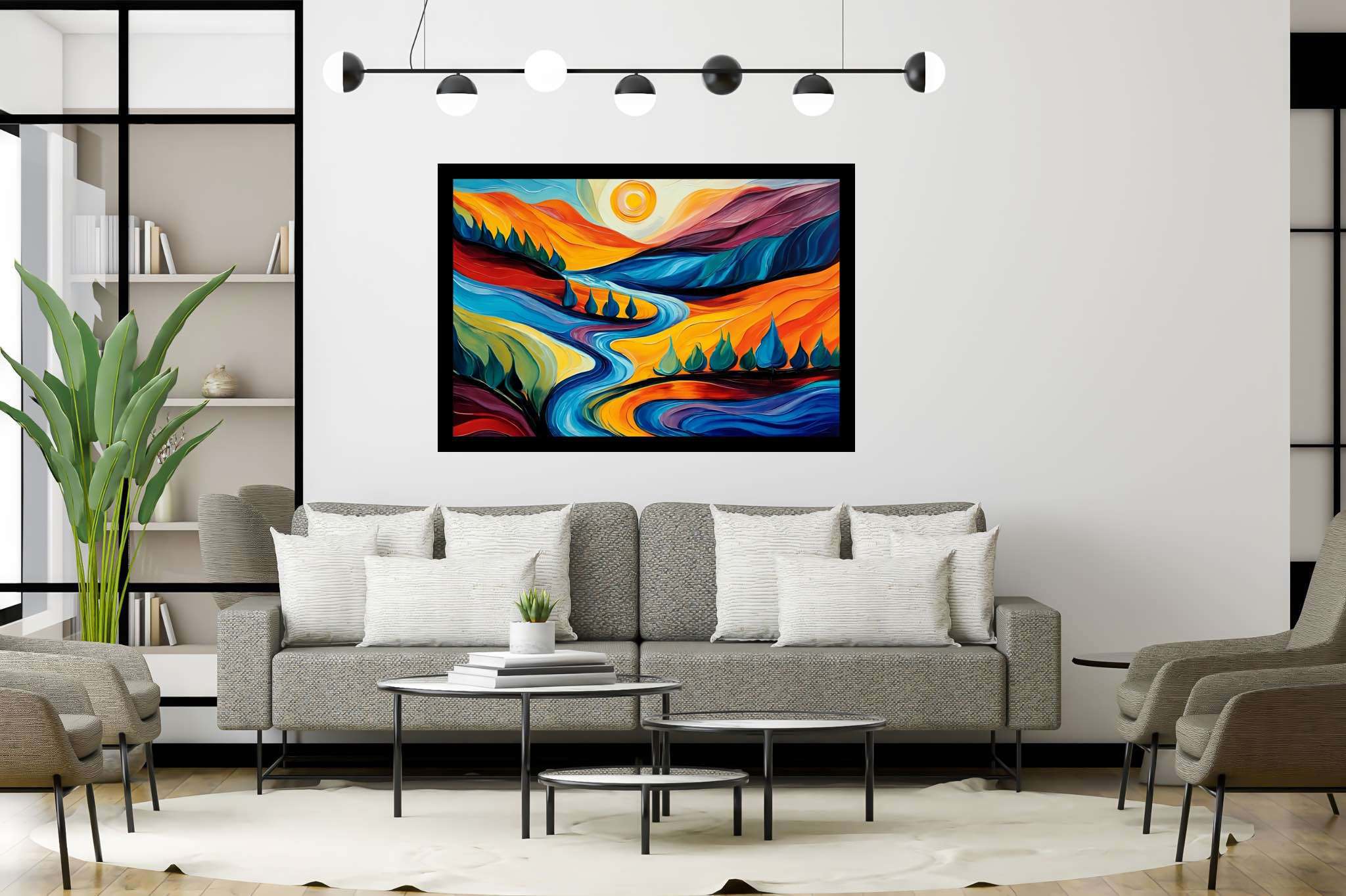 Azure valley hush: Serene landscape art with serene landscape art, in a room with elegant layout, photographic wall art, and home furnishings. The art can be printed on poster, framed poster, canvas, metal, acrylic or wood, exclusively at WallArtZen. Find this exact print at https://wallartzen.com/waz67