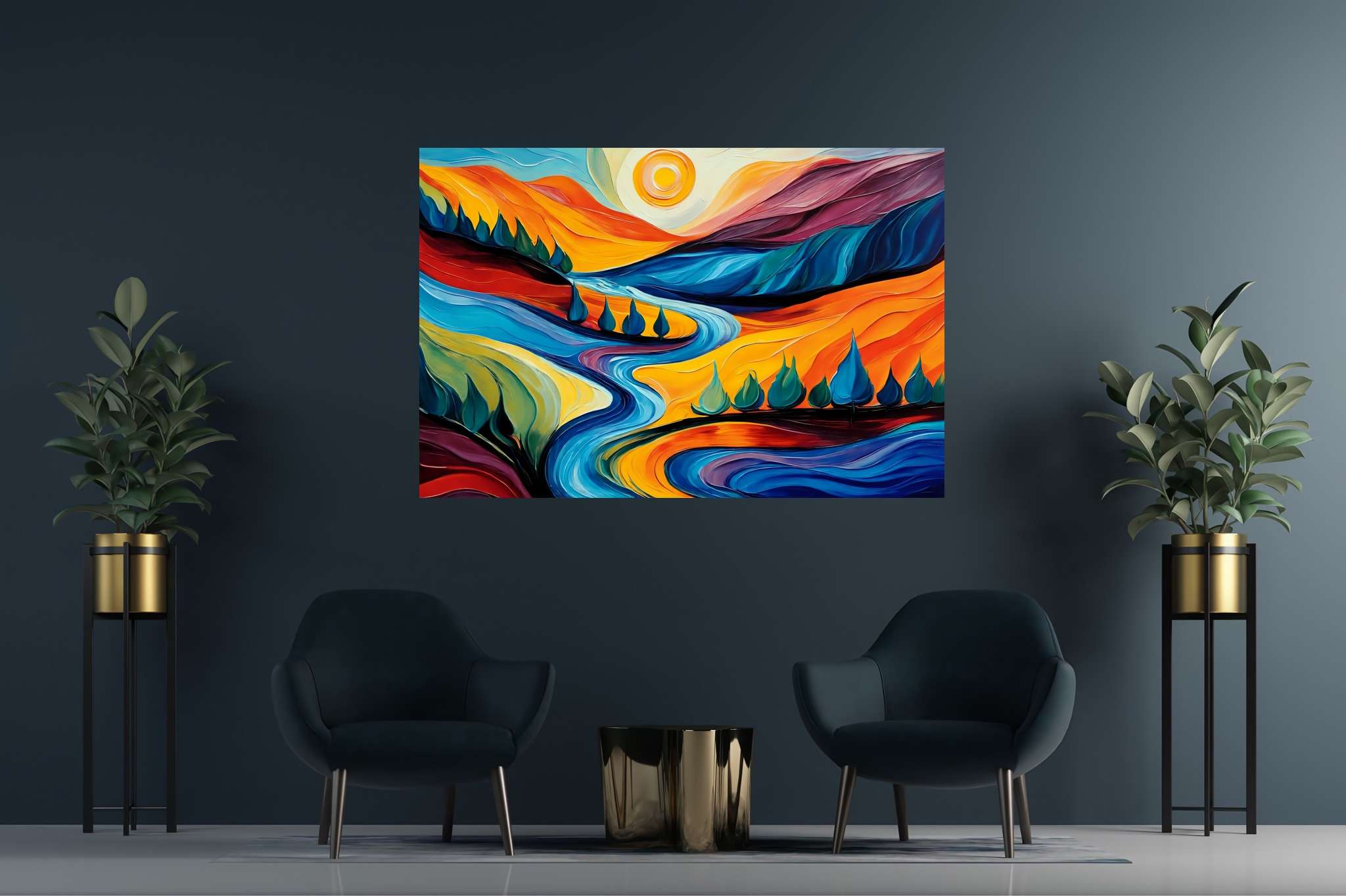 Azure valley hush: Serene landscape art with calming natural scenery, in a room with contemporary flair, photographic wall art, and designer furniture. The art can be printed on poster, framed poster, canvas, metal, acrylic or wood, exclusively at WallArtZen. Find this exact print at https://wallartzen.com/waz67