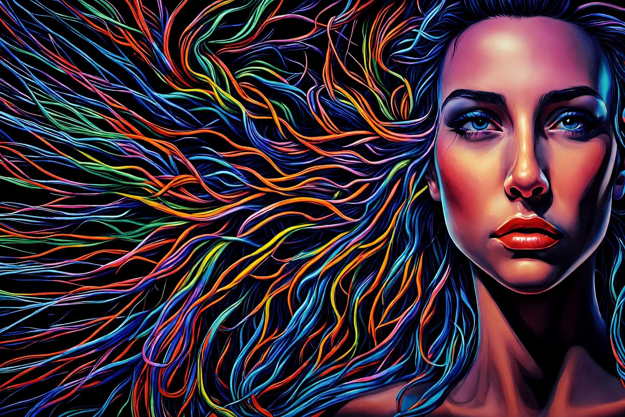 Chroma cascade: Vibrant hair art with artistic hairstyles, in a room with classic elegance, wall art, and home styling items. The art can be printed on poster, framed poster, canvas, metal, acrylic or wood, exclusively at WallArtZen. Find this exact print at https://wallartzen.com/waz69