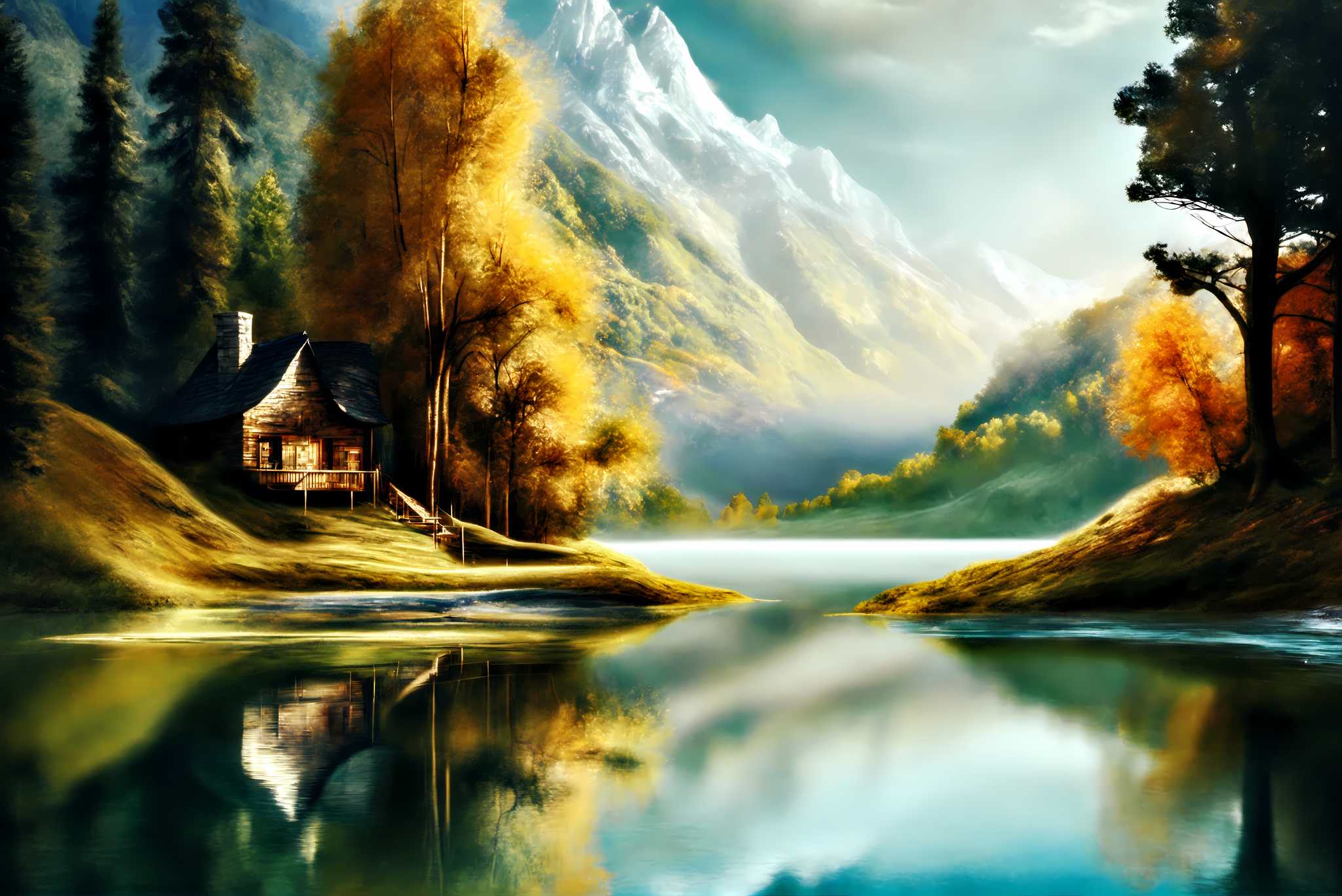 Autumn tapestry unfolds: Autumnal landscape art with autumn scenery painting, in a room with minimalist approach, wall art, and home furnishings. The art can be printed on poster, framed poster, canvas, metal, acrylic or wood, exclusively at WallArtZen. Find this exact print at https://wallartzen.com/waz6