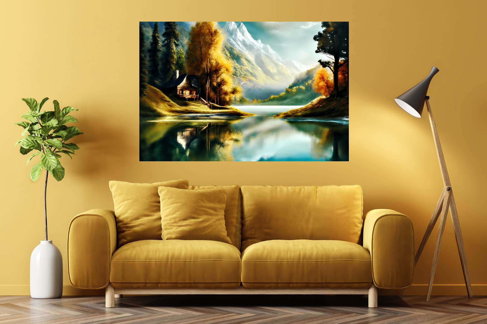 Autumn tapestry unfolds: Autumnal landscape art with scenic art, in a room with modern style, framed art, and interior decorations. The art can be printed on poster, framed poster, canvas, metal, acrylic or wood, exclusively at WallArtZen. Find this exact print at https://wallartzen.com/waz6