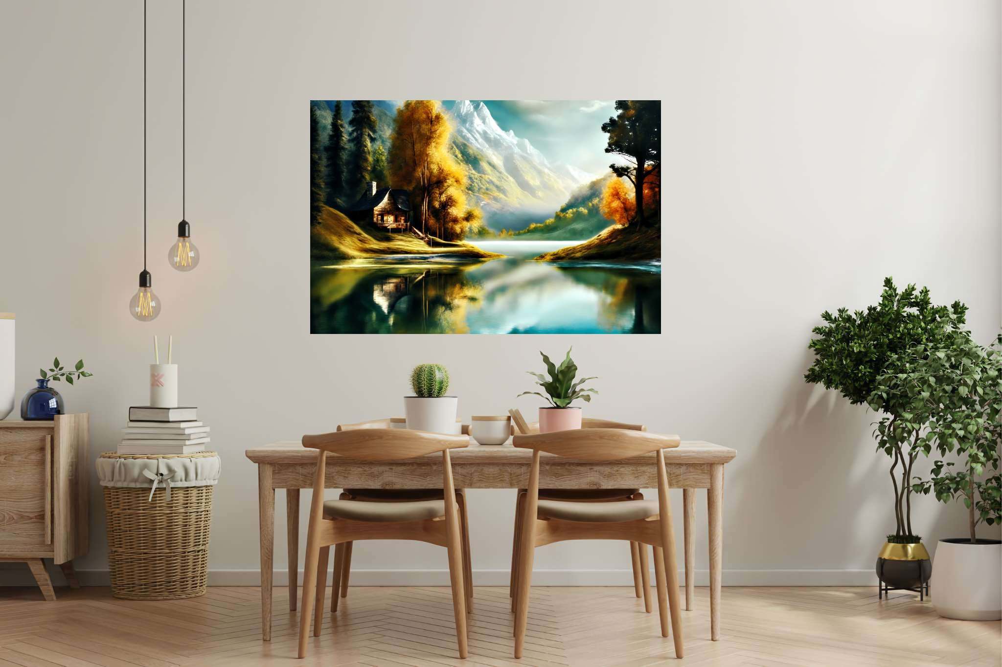 Autumn tapestry unfolds: Autumnal landscape art with landscape artwork for sale, in a room with modern style, wall hangings, and interior decorations. The art can be printed on poster, framed poster, canvas, metal, acrylic or wood, exclusively at WallArtZen. Find this exact print at https://wallartzen.com/waz6