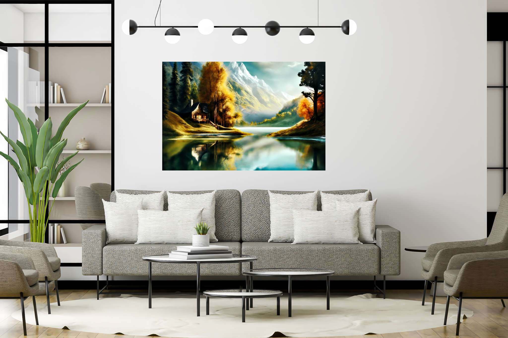 Autumn tapestry unfolds: Autumnal landscape art with fall landscape artwork, in a room with contemporary flair, fine art prints, and elegant home goods. The art can be printed on poster, framed poster, canvas, metal, acrylic or wood, exclusively at WallArtZen. Find this exact print at https://wallartzen.com/waz6