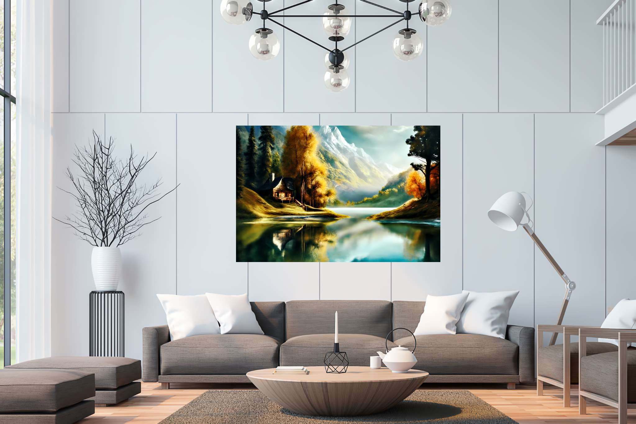 Autumn tapestry unfolds: Autumnal landscape art with nature art, in a room with chic decor, canvas prints, and trendy home accents. The art can be printed on poster, framed poster, canvas, metal, acrylic or wood, exclusively at WallArtZen. Find this exact print at https://wallartzen.com/waz6