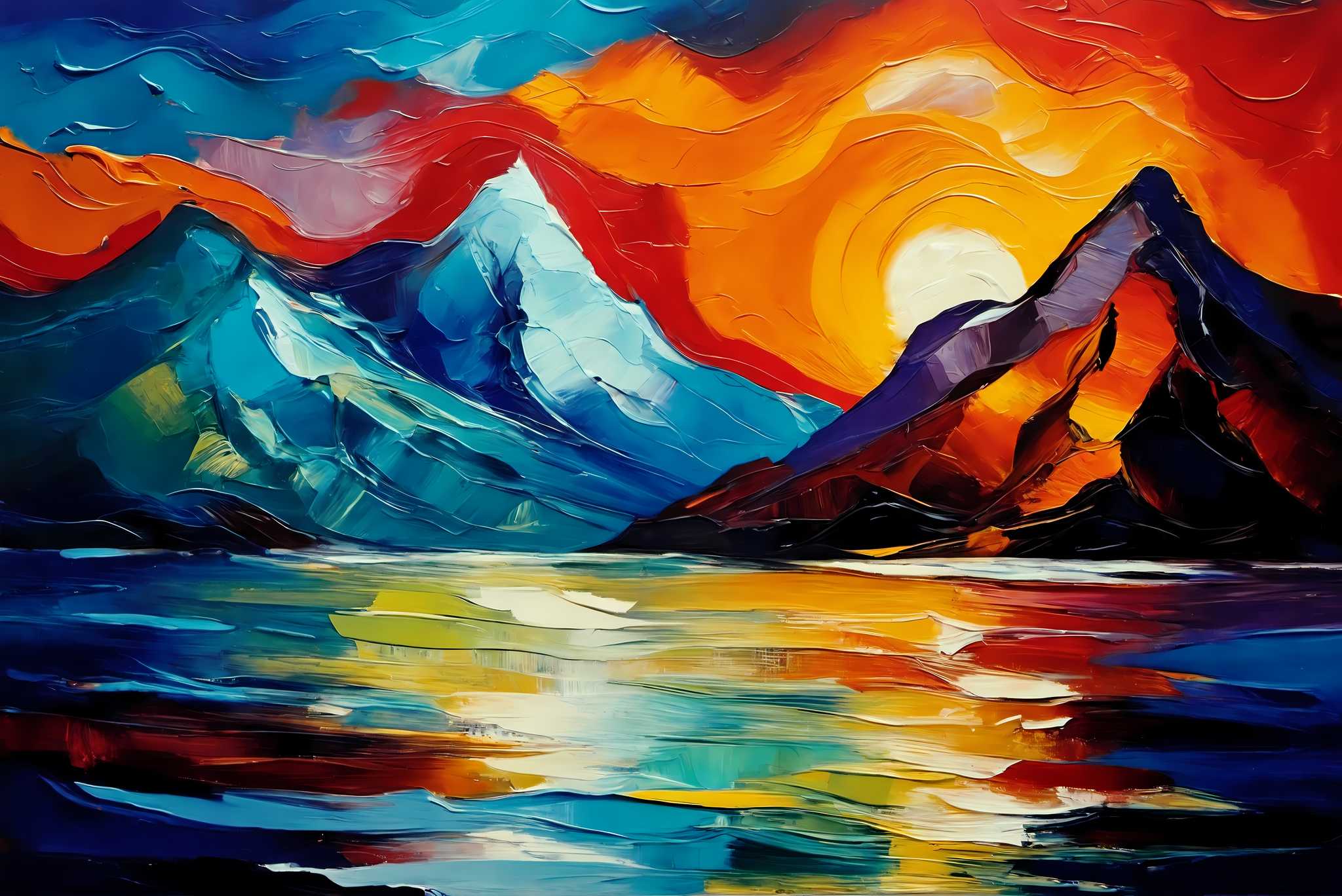 Chroma summit serenade: Vibrant landscape art with vibrant landscape art, in a room with urban design, bespoke art designs, and home furnishings. The art can be printed on poster, framed poster, canvas, metal, acrylic or wood, exclusively at WallArtZen. Find this exact print at https://wallartzen.com/waz71