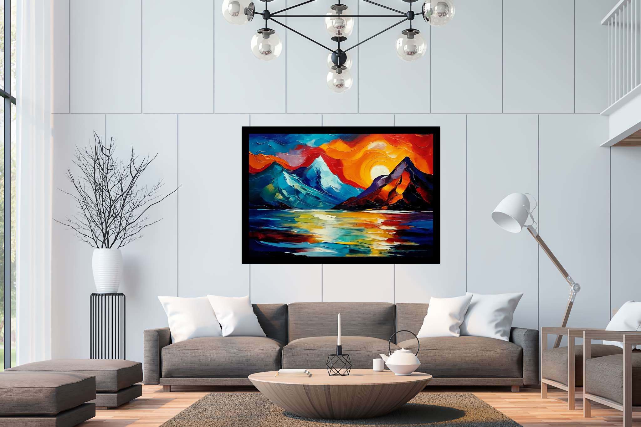 Chroma summit serenade: Vibrant landscape art with energetic landscape paintings, in a room with innovative layout, canvas prints, and trendy home accents. The art can be printed on poster, framed poster, canvas, metal, acrylic or wood, exclusively at WallArtZen. Find this exact print at https://wallartzen.com/waz71