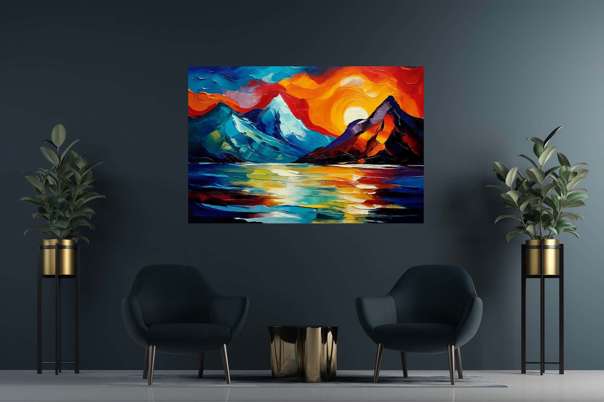 Chroma summit serenade: Vibrant landscape art with vibrant landscape expressions, in a room with minimalist approach, gallery-quality artwork, and home furnishings. The art can be printed on poster, framed poster, canvas, metal, acrylic or wood, exclusively at WallArtZen. Find this exact print at https://wallartzen.com/waz71