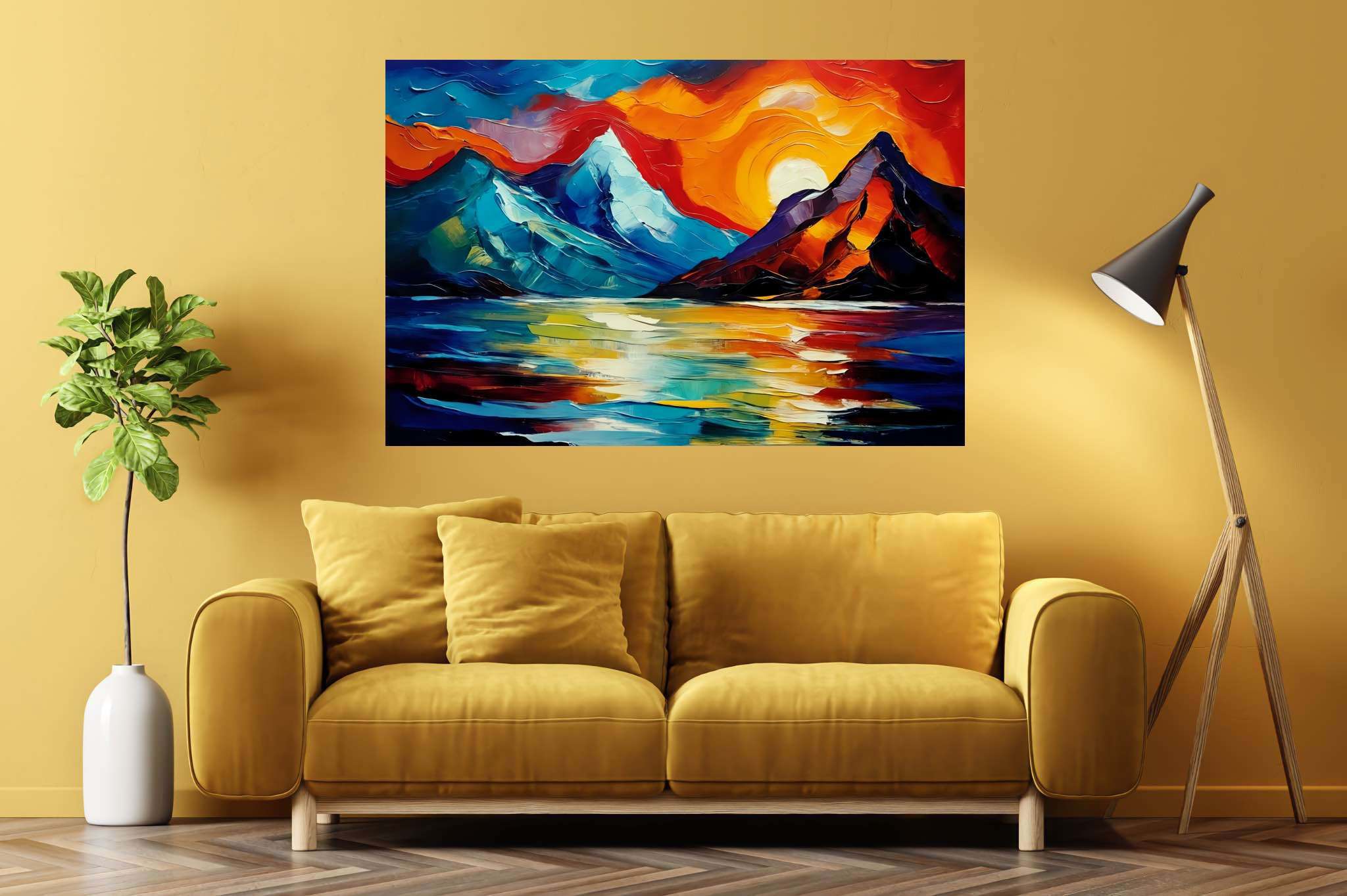 Chroma summit serenade: Vibrant landscape art with vivid nature paintings, in a room with great design, bespoke art designs, and home furnishings. The art can be printed on poster, framed poster, canvas, metal, acrylic or wood, exclusively at WallArtZen. Find this exact print at https://wallartzen.com/waz71