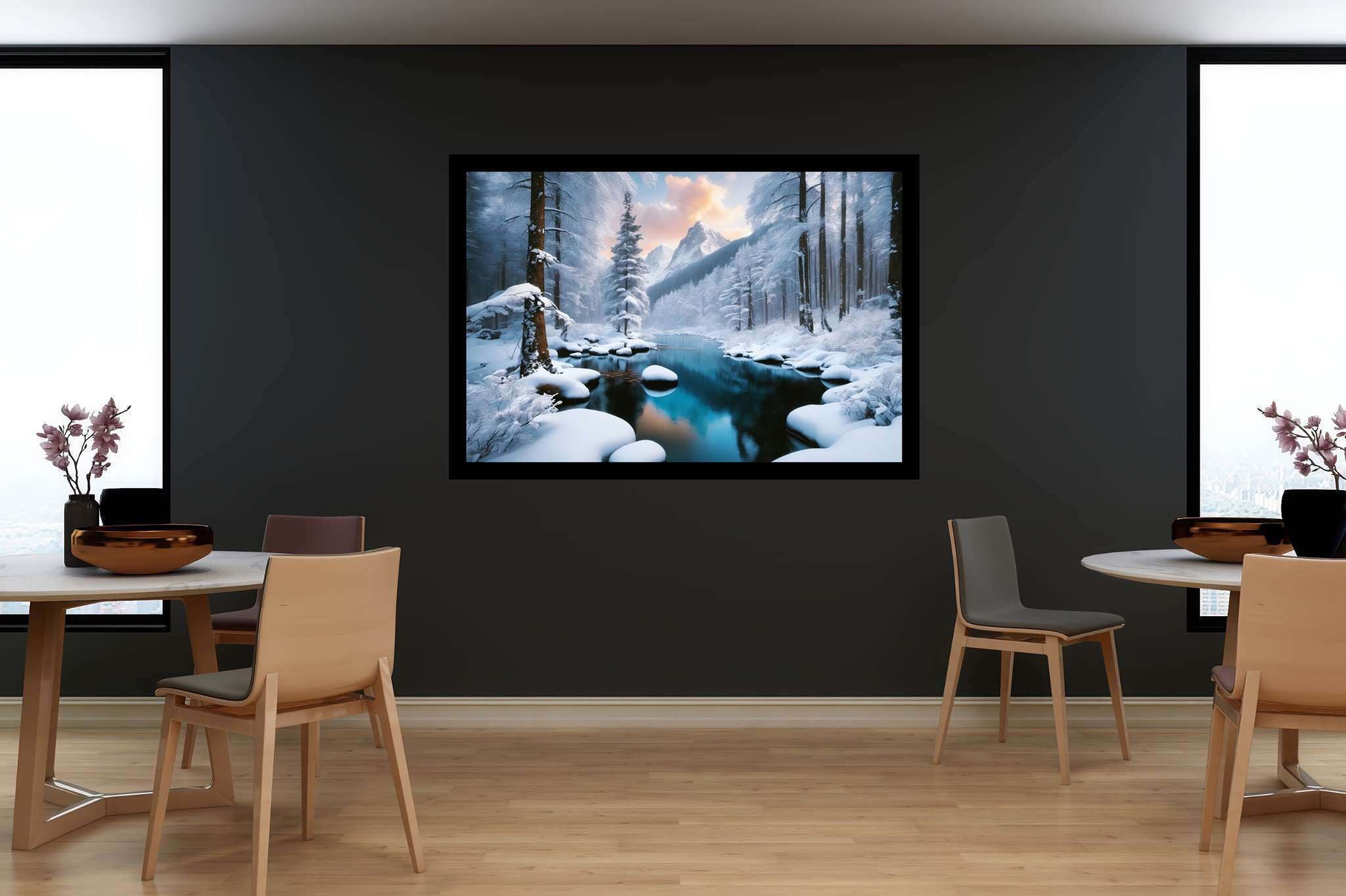 Frostbound silence: Winter landscape art with winter landscape prints, in a room with urban design, gallery-quality artwork, and home styling items. The art can be printed on poster, framed poster, canvas, metal, acrylic or wood, exclusively at WallArtZen. Find this exact print at https://wallartzen.com/waz72
