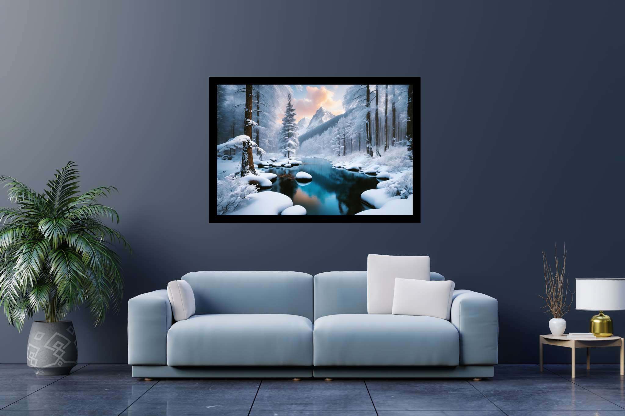 Frostbound silence: Winter landscape art with winter landscape watercolor art, in a room with urban design, abstract paintings, and home styling items. The art can be printed on poster, framed poster, canvas, metal, acrylic or wood, exclusively at WallArtZen. Find this exact print at https://wallartzen.com/waz72