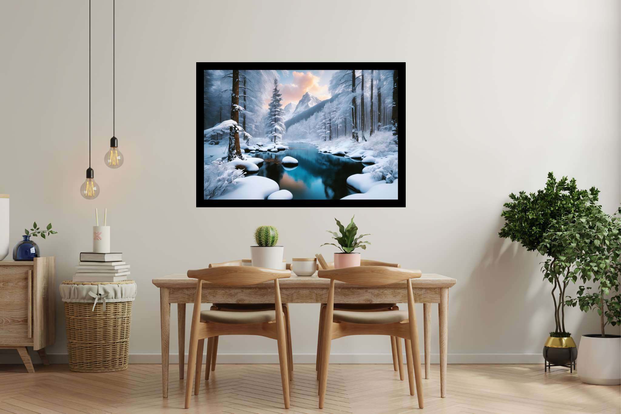 Frostbound silence: Winter landscape art with frozen landscape art, in a room with modern style, photographic wall art, and interior decorations. The art can be printed on poster, framed poster, canvas, metal, acrylic or wood, exclusively at WallArtZen. Find this exact print at https://wallartzen.com/waz72