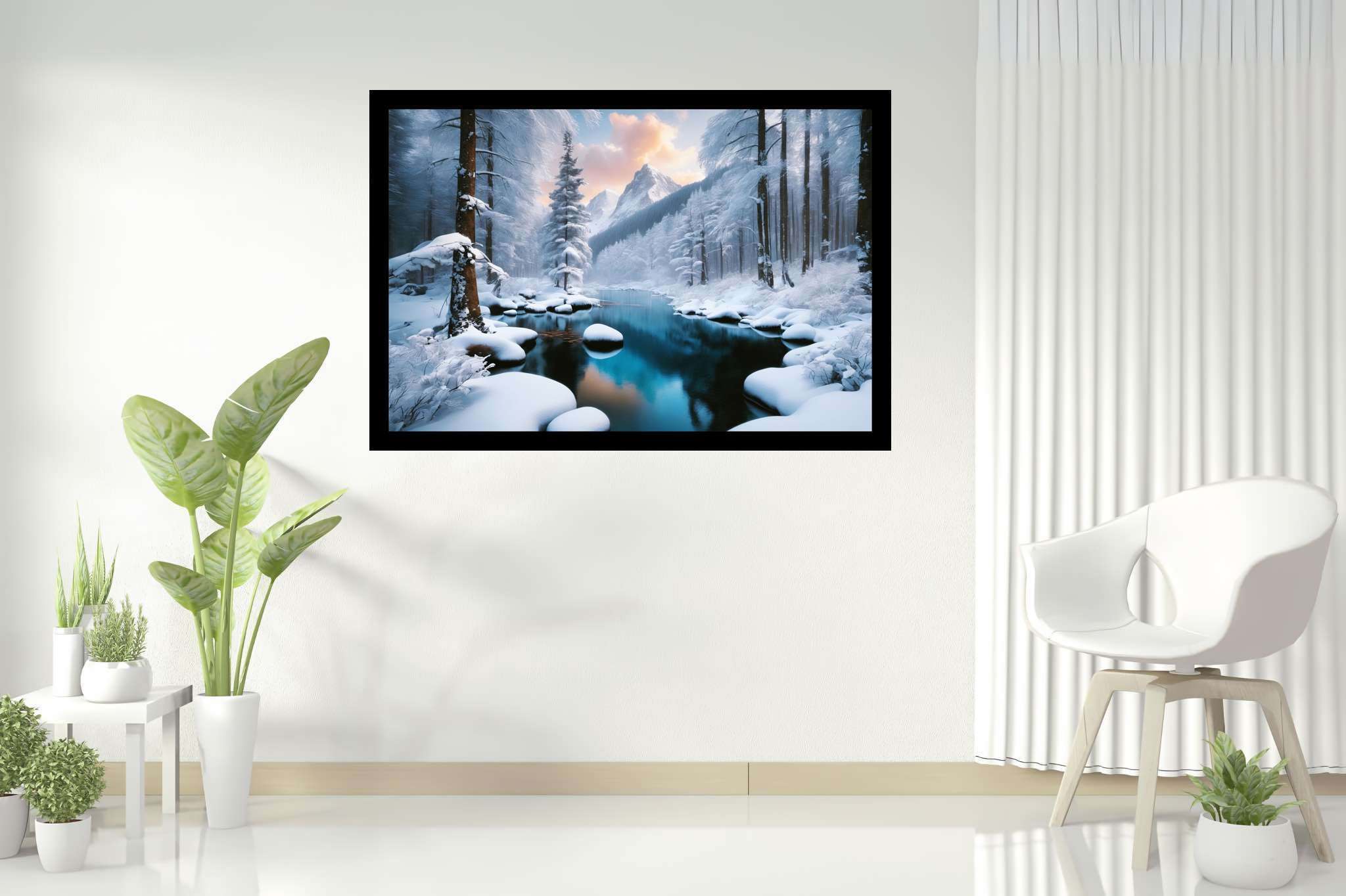 Frostbound silence: Winter landscape art with winter landscape photography, in a room with modern style, fine art prints, and interior decorations. The art can be printed on poster, framed poster, canvas, metal, acrylic or wood, exclusively at WallArtZen. Find this exact print at https://wallartzen.com/waz72