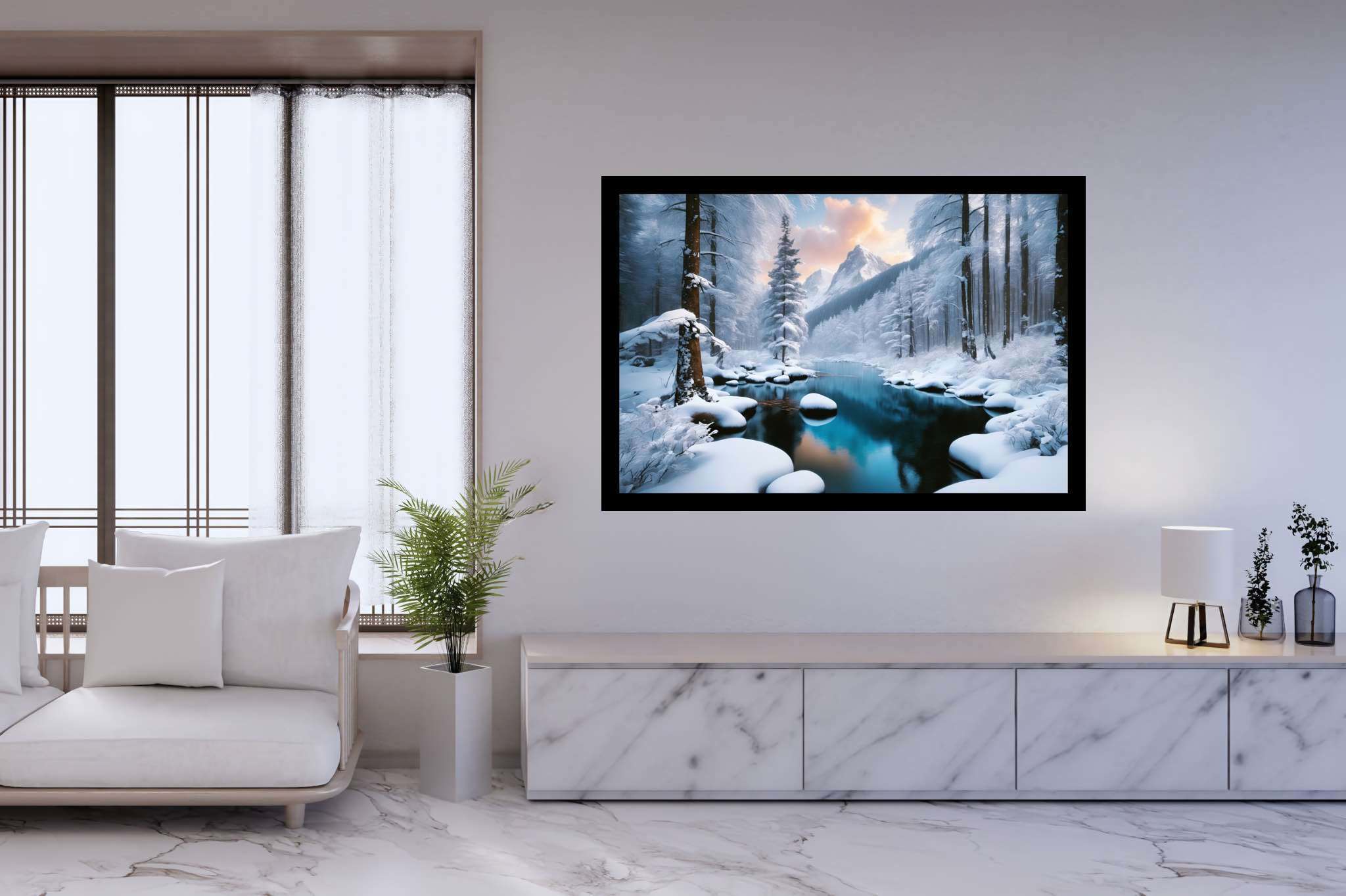 Frostbound silence: Winter landscape art with frozen landscape art, in a room with classic elegance, wall art, and interior decorations. The art can be printed on poster, framed poster, canvas, metal, acrylic or wood, exclusively at WallArtZen. Find this exact print at https://wallartzen.com/waz72