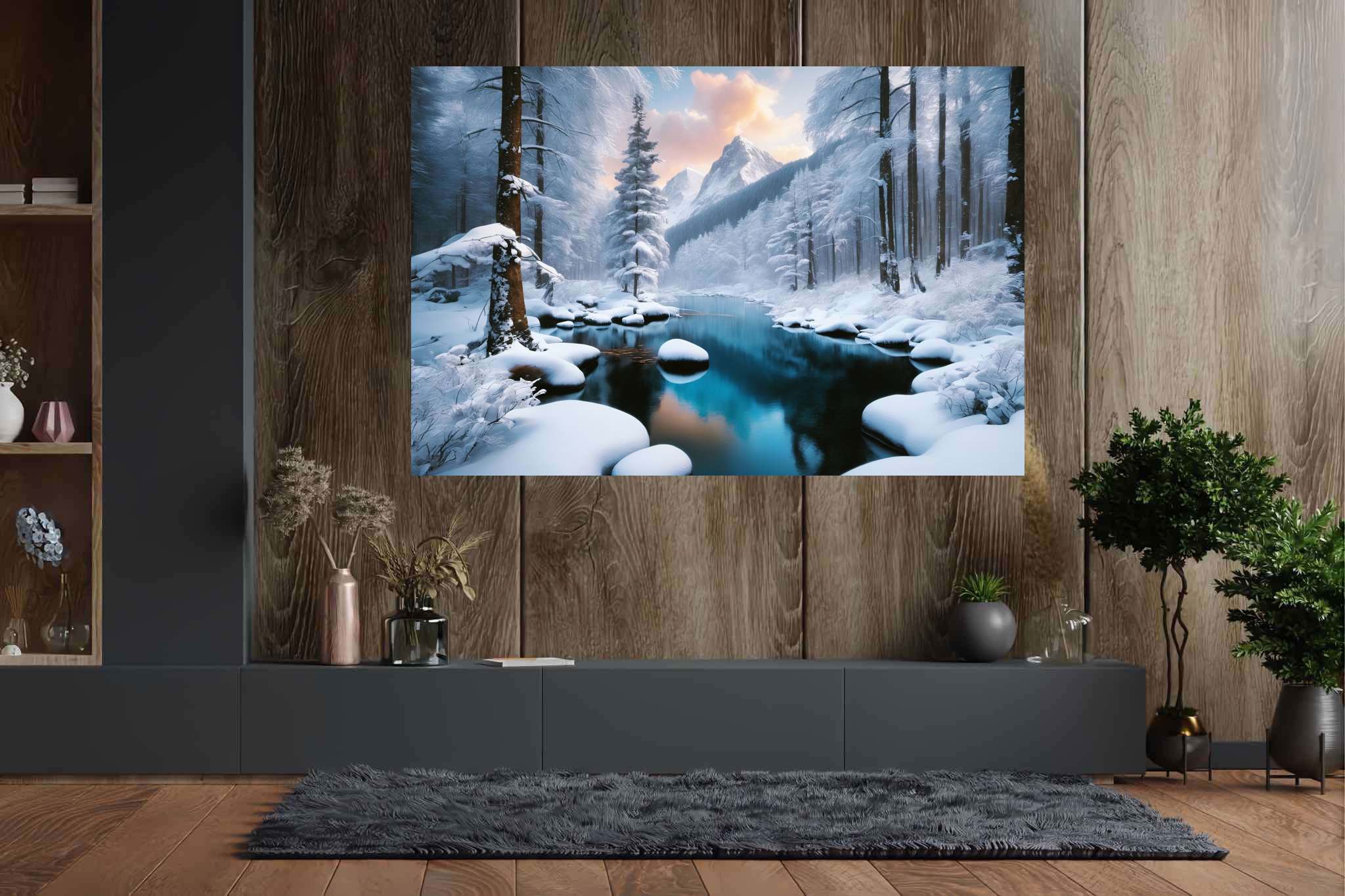 Frostbound silence: Winter landscape art with winter landscape nature, in a room with innovative layout, bespoke art designs, and interior decorations. The art can be printed on poster, framed poster, canvas, metal, acrylic or wood, exclusively at WallArtZen. Find this exact print at https://wallartzen.com/waz72