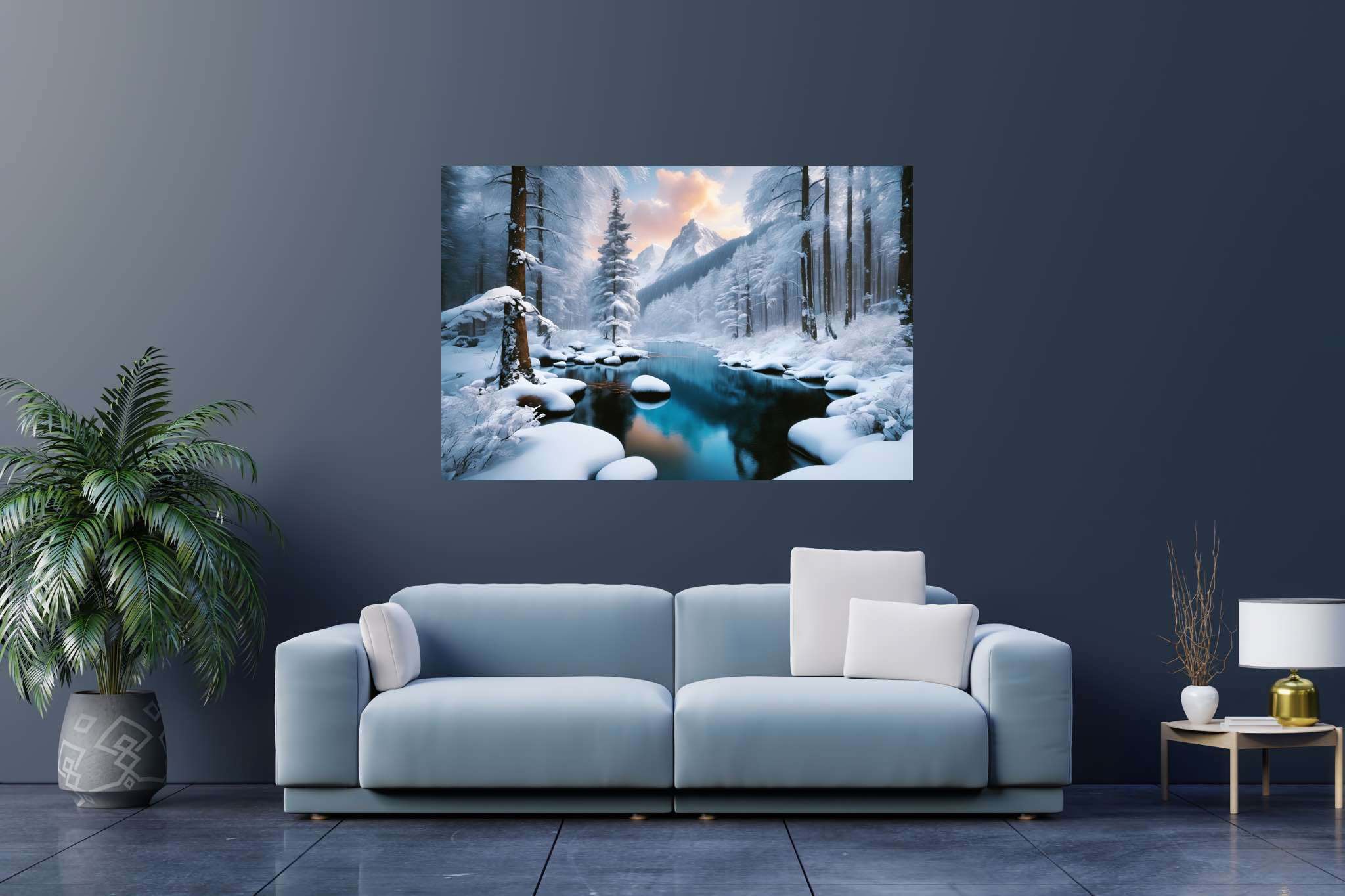 Frostbound silence: Winter landscape art with winter landscape wall art, in a room with elegant layout, bespoke art designs, and trendy home accents. The art can be printed on poster, framed poster, canvas, metal, acrylic or wood, exclusively at WallArtZen. Find this exact print at https://wallartzen.com/waz72