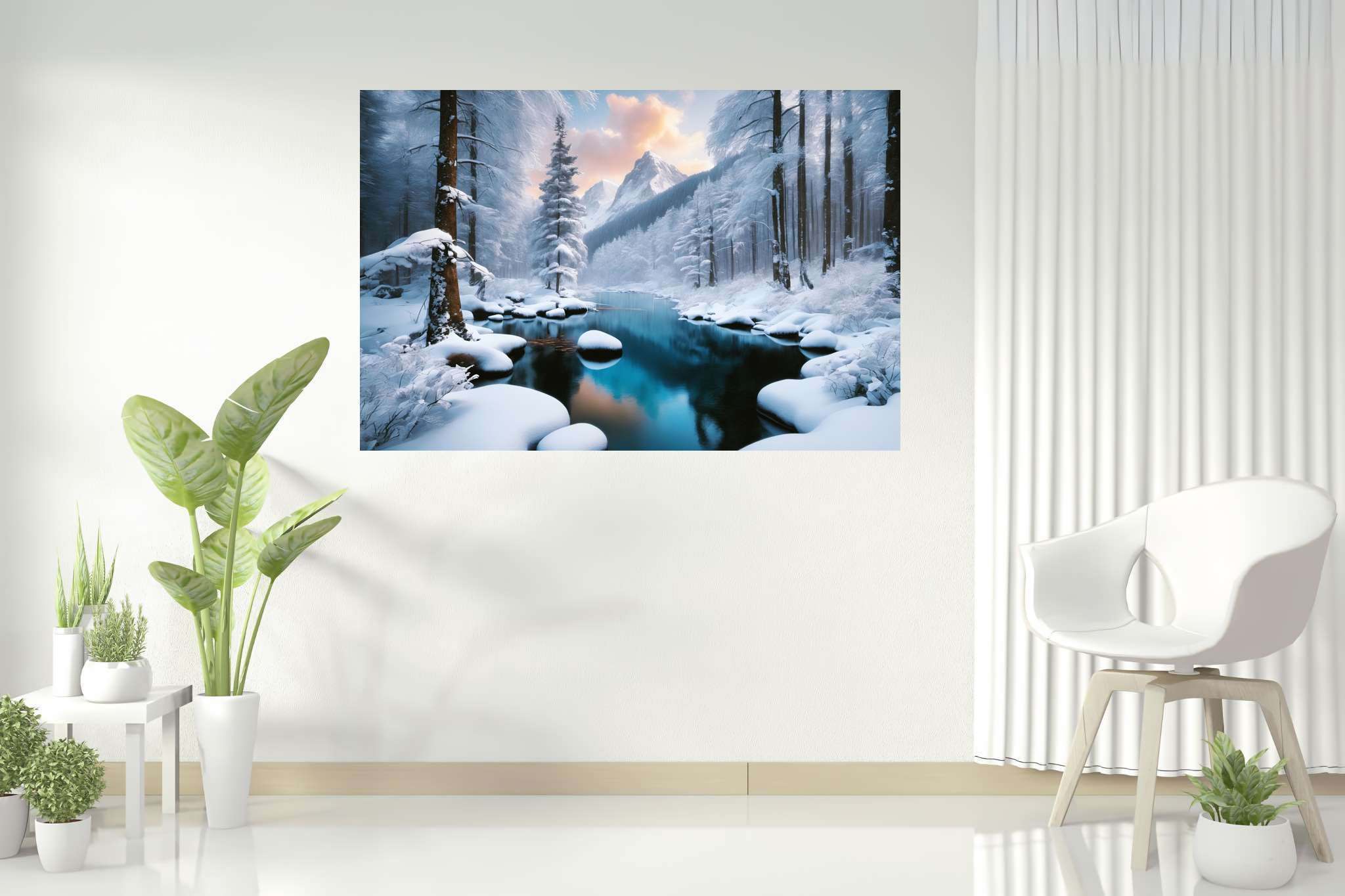 Frostbound silence: Winter landscape art with winter landscape images, in a room with innovative layout, digital art pieces, and decorative pieces. The art can be printed on poster, framed poster, canvas, metal, acrylic or wood, exclusively at WallArtZen. Find this exact print at https://wallartzen.com/waz72