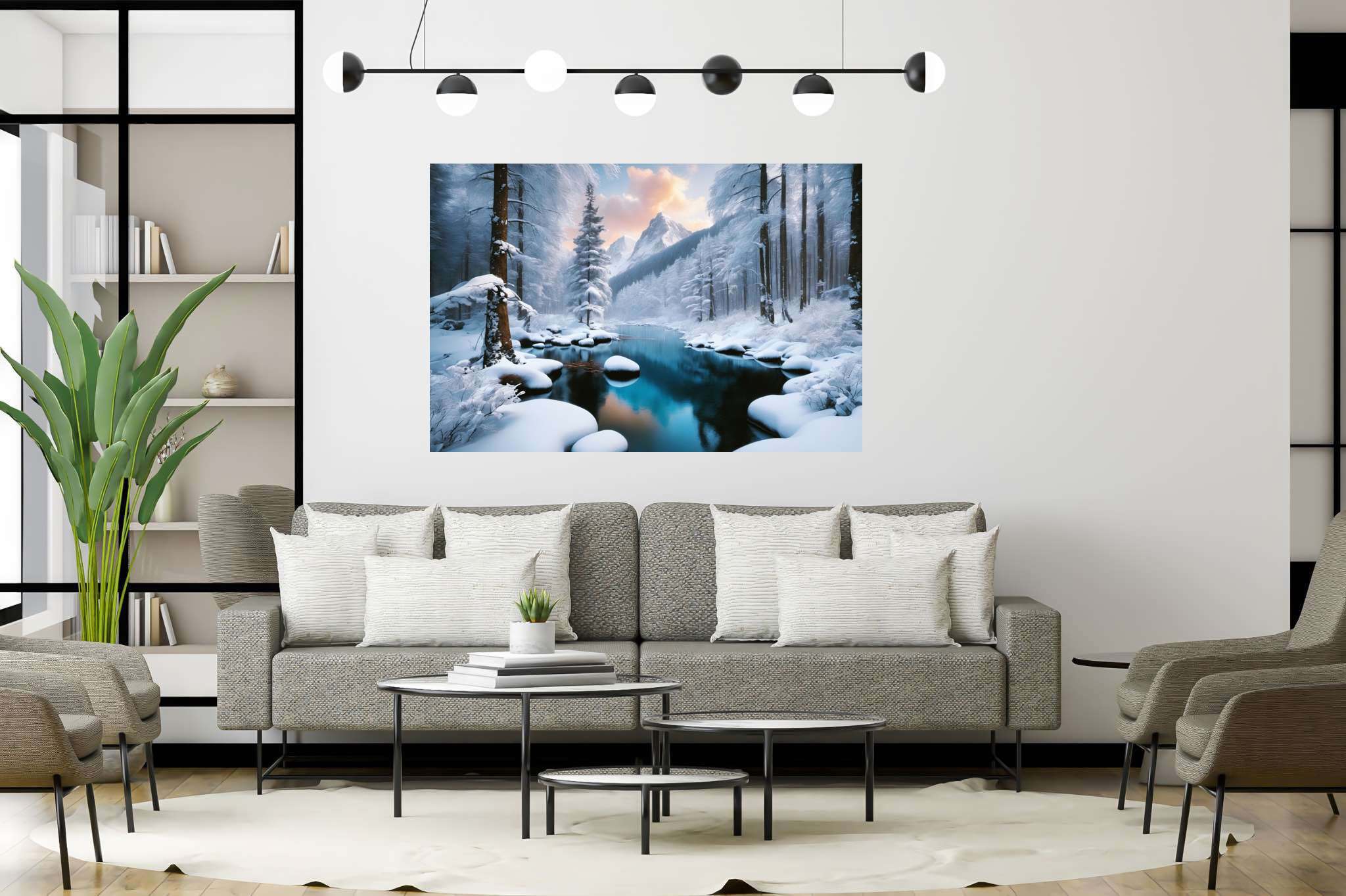 Frostbound silence: Winter landscape art with snowy scenery, in a room with chic decor, abstract paintings, and elegant home goods. The art can be printed on poster, framed poster, canvas, metal, acrylic or wood, exclusively at WallArtZen. Find this exact print at https://wallartzen.com/waz72
