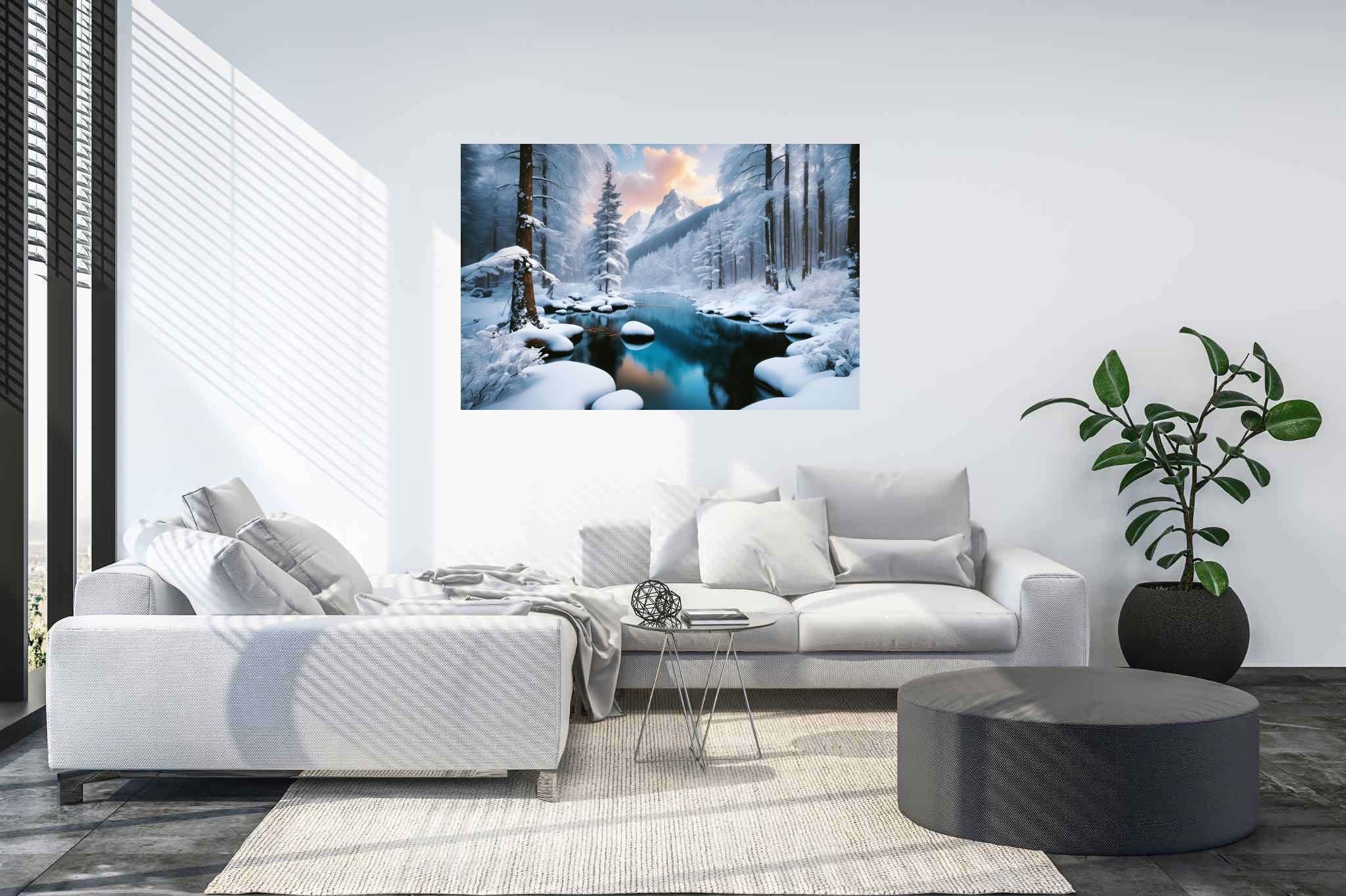 Frostbound silence: Winter landscape art with winter landscape watercolor art, in a room with innovative layout, photographic wall art, and elegant home goods. The art can be printed on poster, framed poster, canvas, metal, acrylic or wood, exclusively at WallArtZen. Find this exact print at https://wallartzen.com/waz72