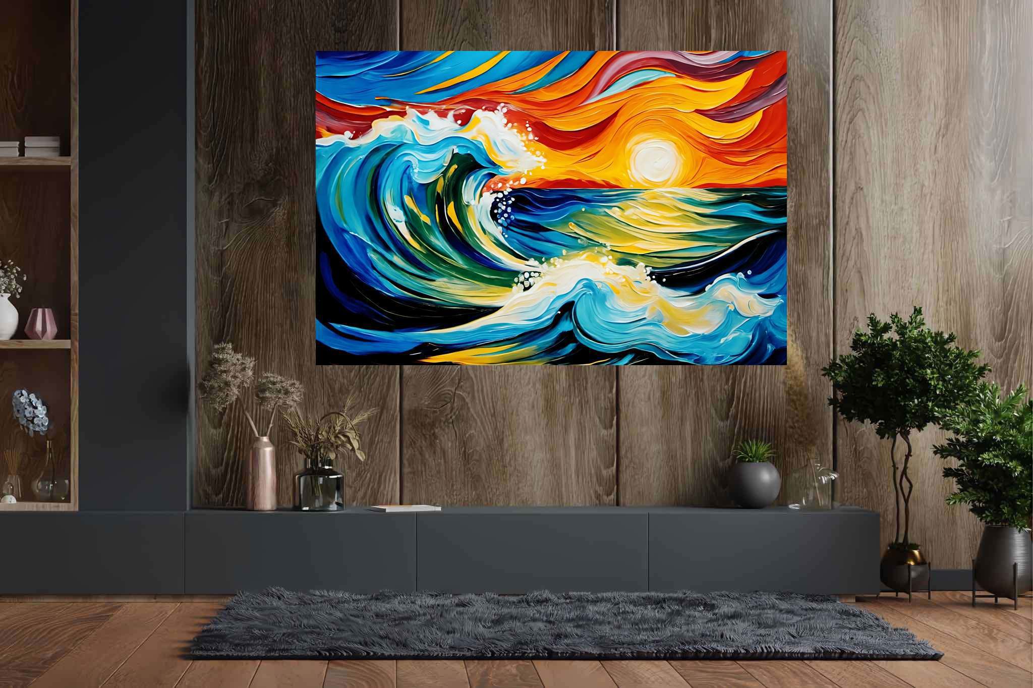 Sunset surge majesty: Ocean wave art with maritime scenes, in a room with artistic style, digital art pieces, and interior decorations. The art can be printed on poster, framed poster, canvas, metal, acrylic or wood, exclusively at WallArtZen. Find this exact print at https://wallartzen.com/waz73