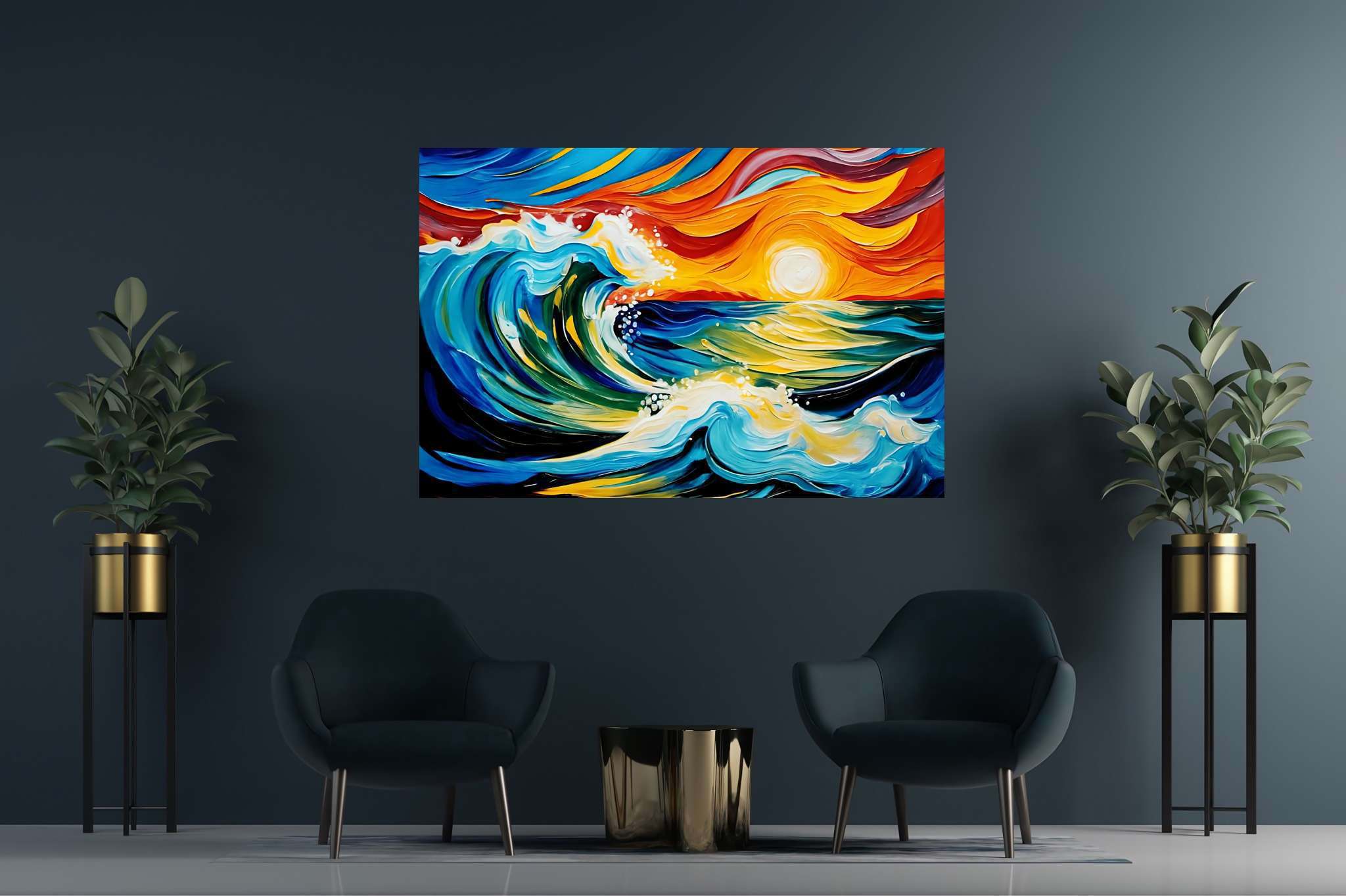 Sunset surge majesty: Ocean wave art with aqua-inspired art, in a room with innovative layout, gallery-quality artwork, and trendy home accents. The art can be printed on poster, framed poster, canvas, metal, acrylic or wood, exclusively at WallArtZen. Find this exact print at https://wallartzen.com/waz73
