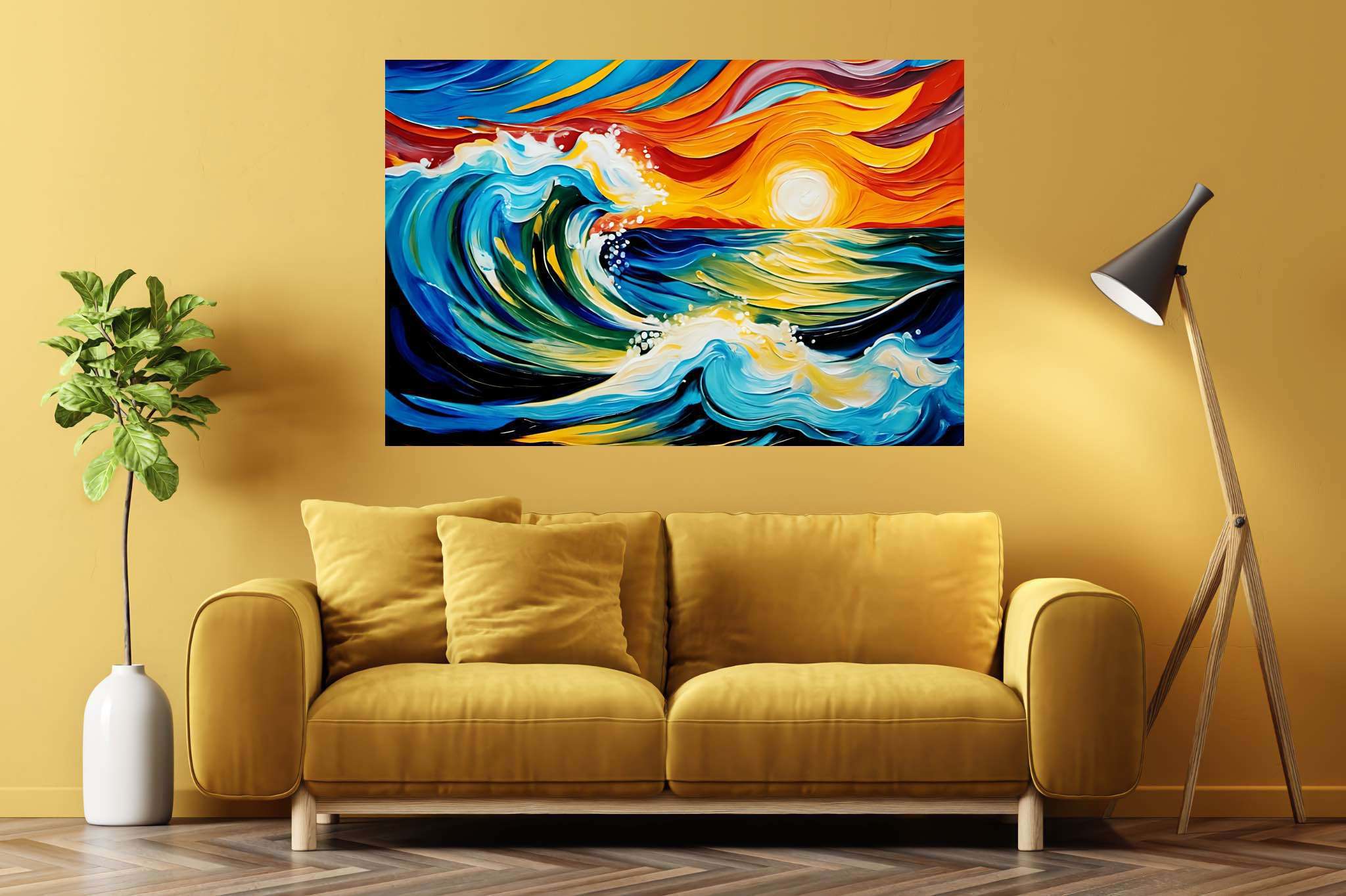 Sunset surge majesty: Ocean wave art with marine landscapes, in a room with classic elegance, gallery-quality artwork, and elegant home goods. The art can be printed on poster, framed poster, canvas, metal, acrylic or wood, exclusively at WallArtZen. Find this exact print at https://wallartzen.com/waz73