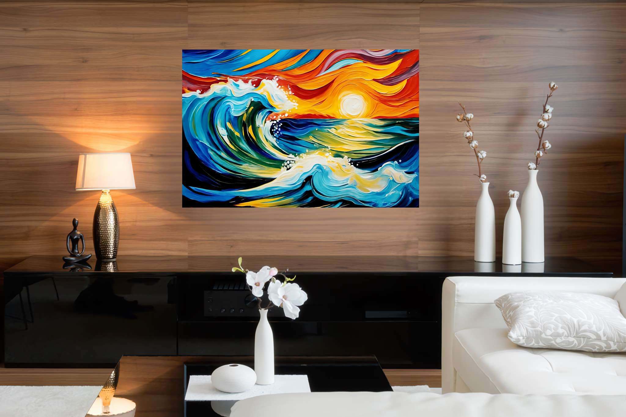 Sunset surge majesty: Ocean wave art with maritime scenes, in a room with modern style, digital art pieces, and luxe decor. The art can be printed on poster, framed poster, canvas, metal, acrylic or wood, exclusively at WallArtZen. Find this exact print at https://wallartzen.com/waz73