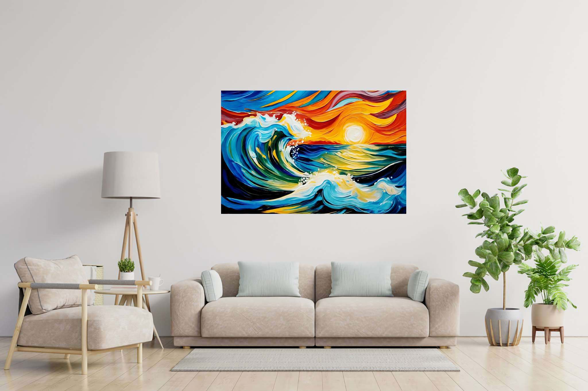 Sunset surge majesty: Ocean wave art with coastal vibes, in a room with classic elegance, gallery-quality artwork, and decorative pieces. The art can be printed on poster, framed poster, canvas, metal, acrylic or wood, exclusively at WallArtZen. Find this exact print at https://wallartzen.com/waz73